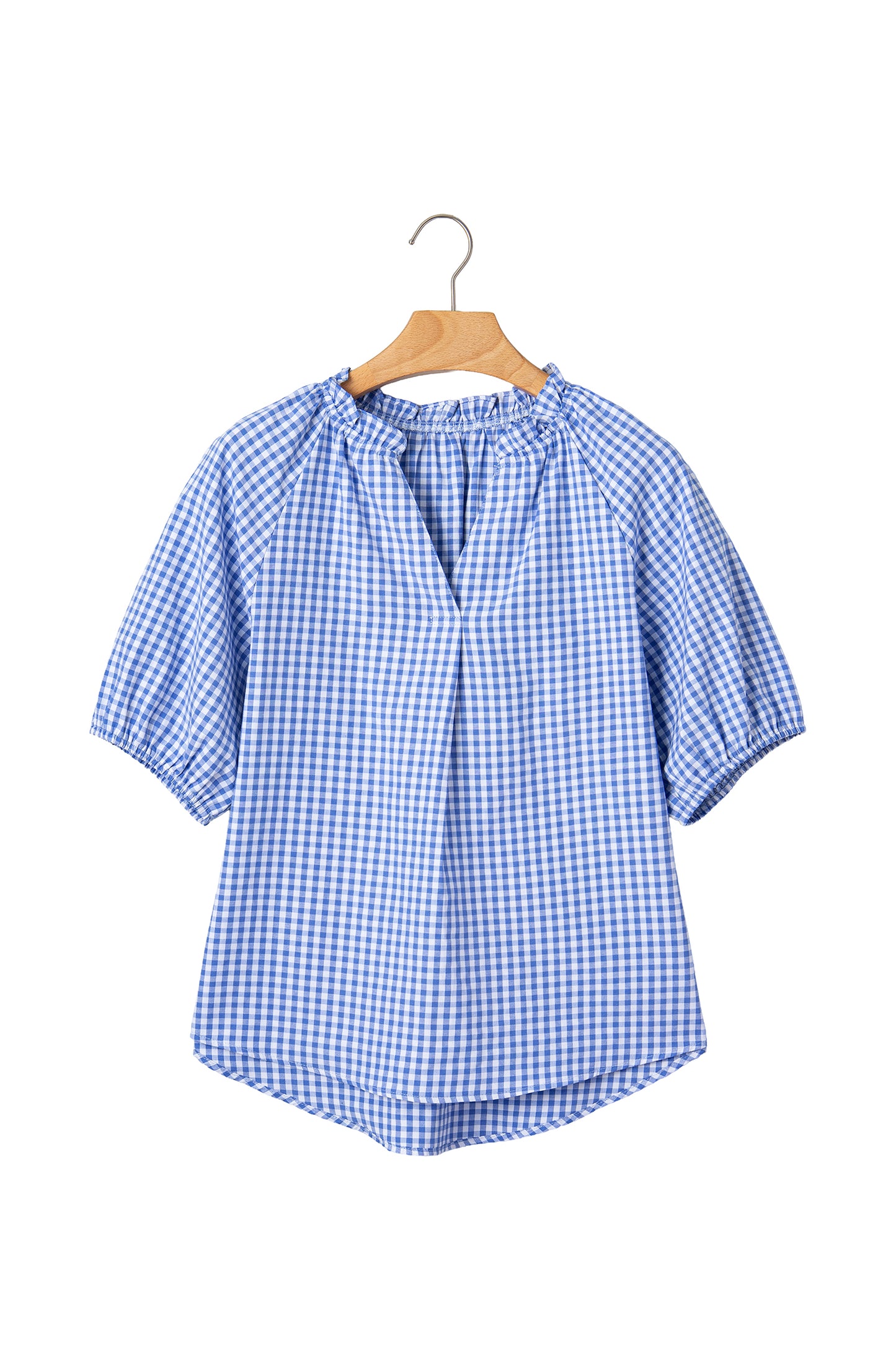 Sky Blue Summer Plaid V Neck Puff Sleeve Blouse-Tops/Blouses & Shirts-[Adult]-[Female]-2022 Online Blue Zone Planet