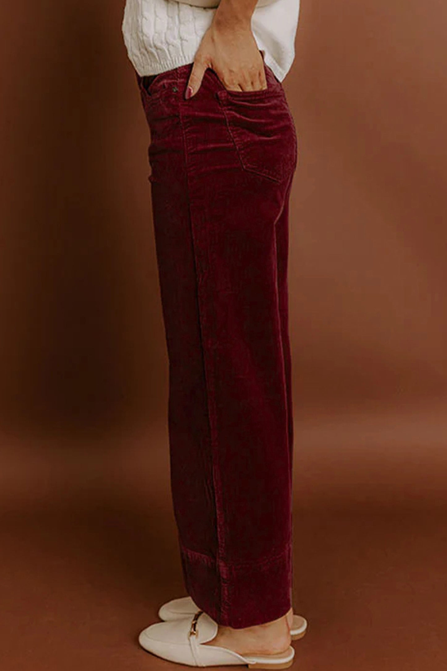 Burgundy Corduroy Solid Color High Waist Wide Leg Pants-Bottoms/Pants & Culotte-[Adult]-[Female]-2022 Online Blue Zone Planet