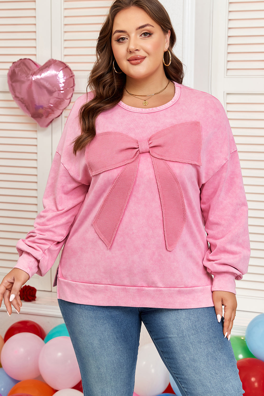 Bonbon Waffle Bowknot Patchwork Graphic Mineral Wash Plus Size Sweatshirt-Plus Size/Plus Size Sweatshirts & Hoodies-[Adult]-[Female]-2022 Online Blue Zone Planet