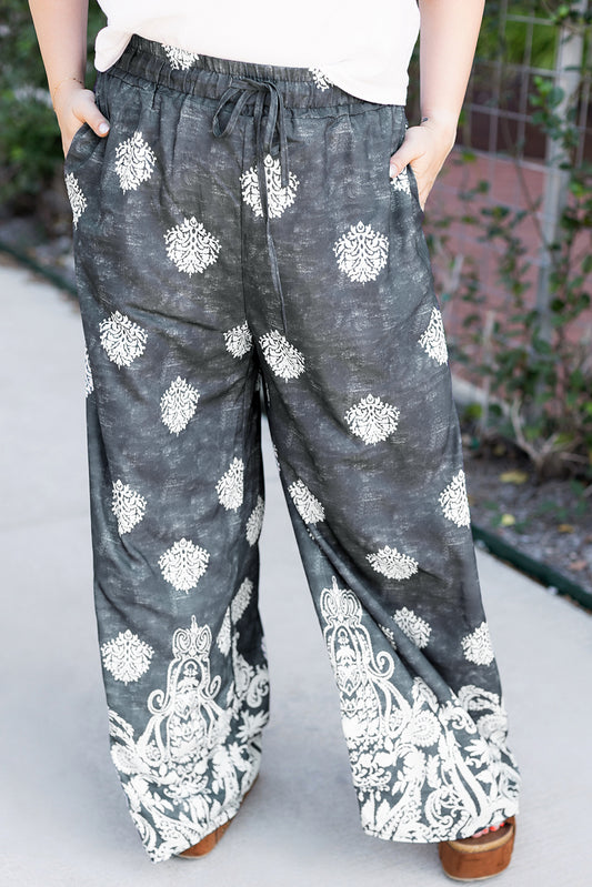 Black Plus Size Geometric Ethnic Print Drawstring Wide Leg Pants-Plus Size/Plus Size Bottoms-[Adult]-[Female]-Black-1X-2022 Online Blue Zone Planet