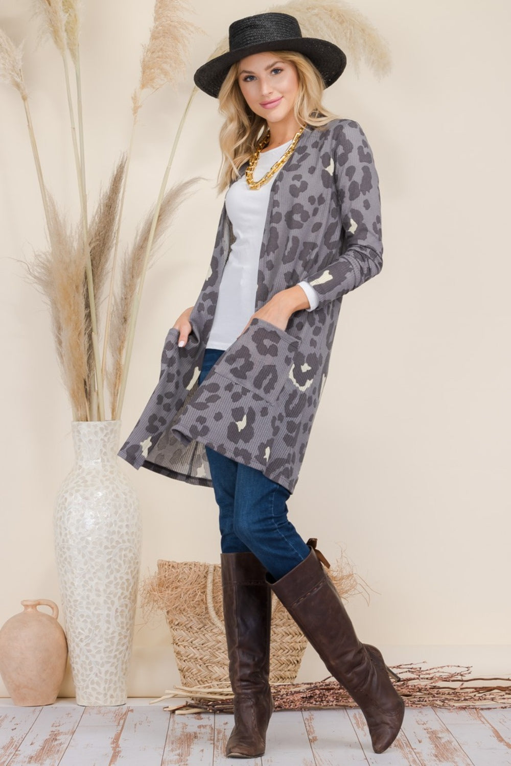 Celeste Full Size Leopard Open Front Contrast Cardigan-TOPS / DRESSES-[Adult]-[Female]-2022 Online Blue Zone Planet