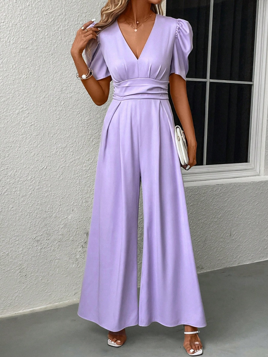 V-Neck Short Sleeve Wide Leg Jumpsuit-TOPS / DRESSES-[Adult]-[Female]-Lavender-S-2022 Online Blue Zone Planet