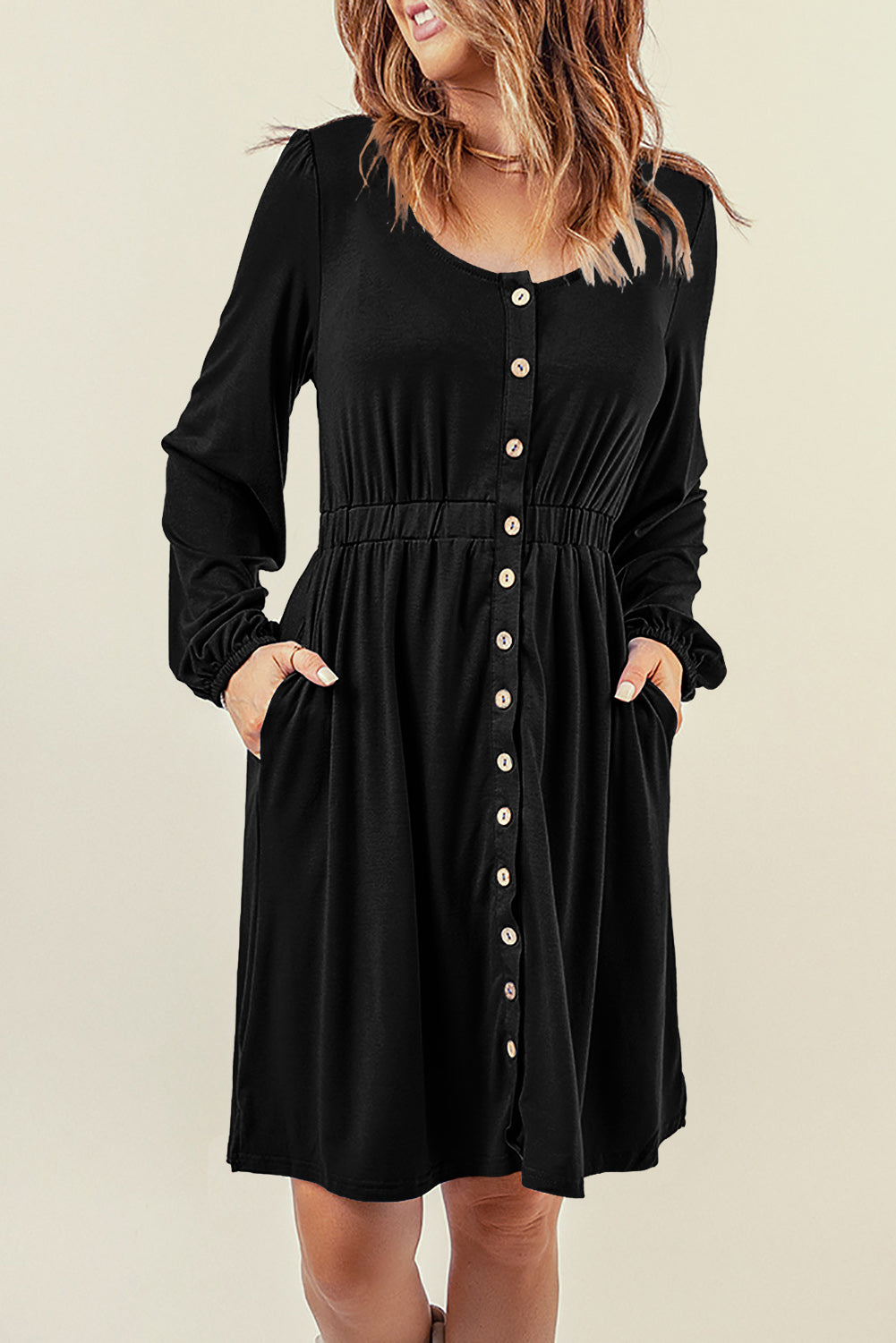 Blue Zone Planet | Black Button Up High Waist Long Sleeve Dress-TOPS / DRESSES-[Adult]-[Female]-2022 Online Blue Zone Planet