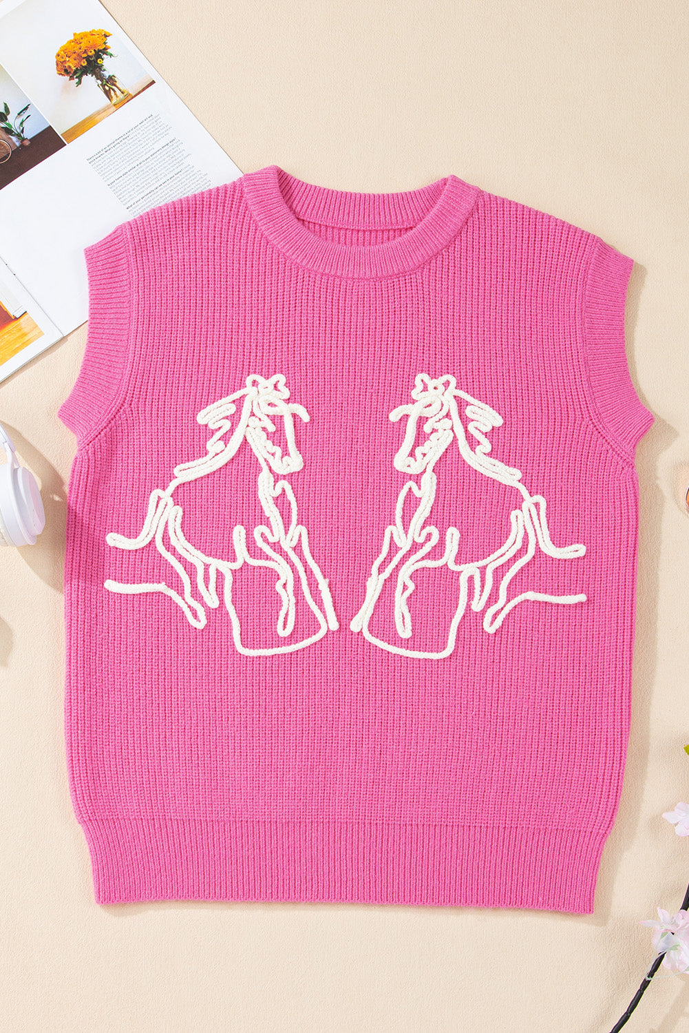 Bright Pink Western Horse Embroidered Round Neck Sweater Tee-Sweaters & Cardigans/Sweater Vests-[Adult]-[Female]-2022 Online Blue Zone Planet
