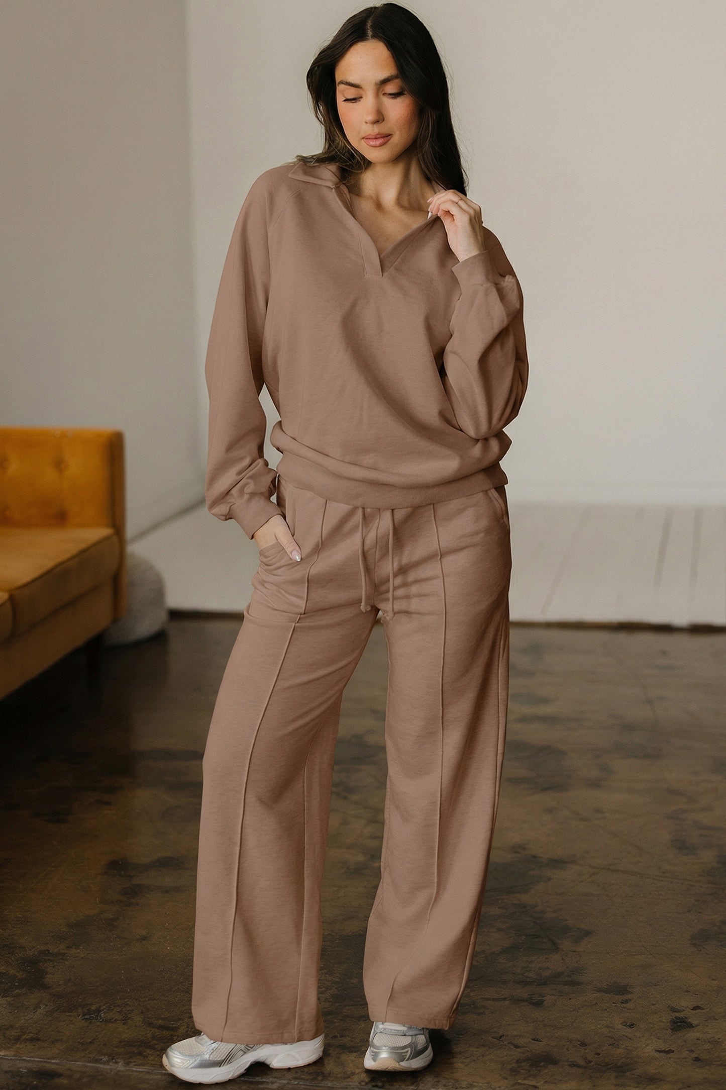 Dark Khaki Polo Collar V Neck Pullover and Drawstring Sweatpants Set-Two Piece Sets/Pant Sets-[Adult]-[Female]-2022 Online Blue Zone Planet