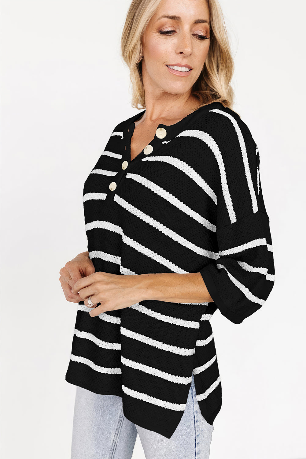 White Stripe Henley Buttoned Placket Drop Shoulder Bracelet Sleeve Knit Sweater Tee-TOPS / DRESSES-[Adult]-[Female]-2022 Online Blue Zone Planet