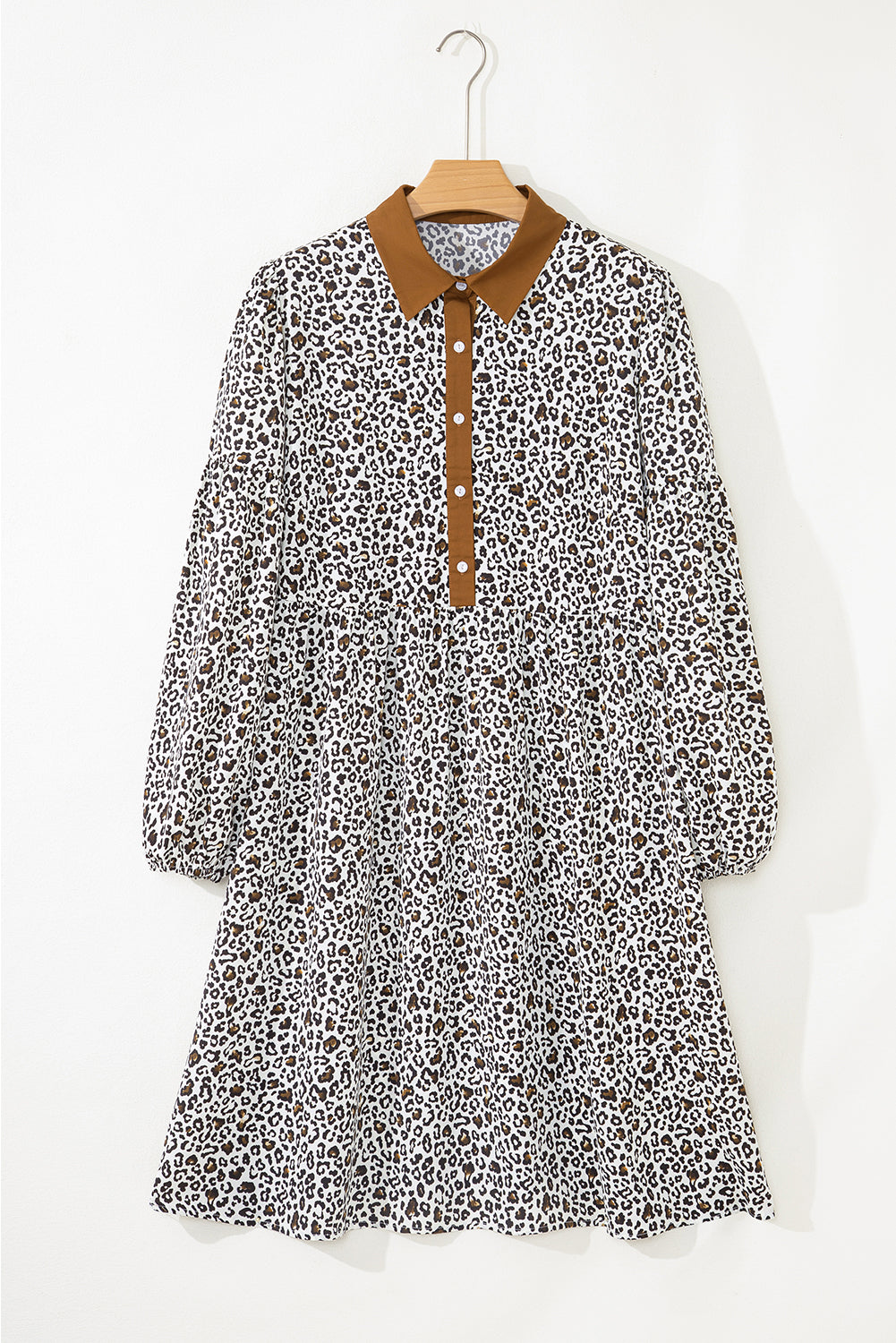 Khaki Plus Size Button V Neck Leopard Print Puff Sleeve Loose Mini Dress-TOPS / DRESSES-[Adult]-[Female]-2022 Online Blue Zone Planet