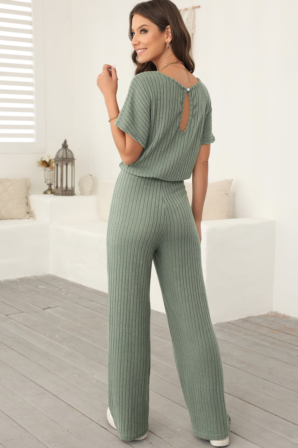 Laurel Green Ribbed Keyhole Short Sleeve Wide Leg Jumpsuit-Bottoms/Jumpsuits & Rompers-[Adult]-[Female]-2022 Online Blue Zone Planet
