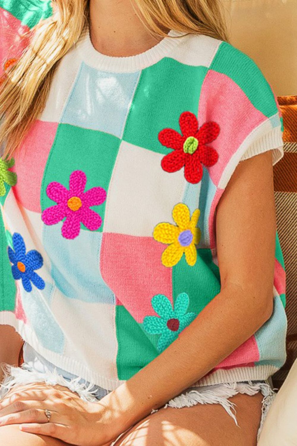 BiBi Flower Patch Checkered Sweater Vest-TOPS / DRESSES-[Adult]-[Female]-2022 Online Blue Zone Planet