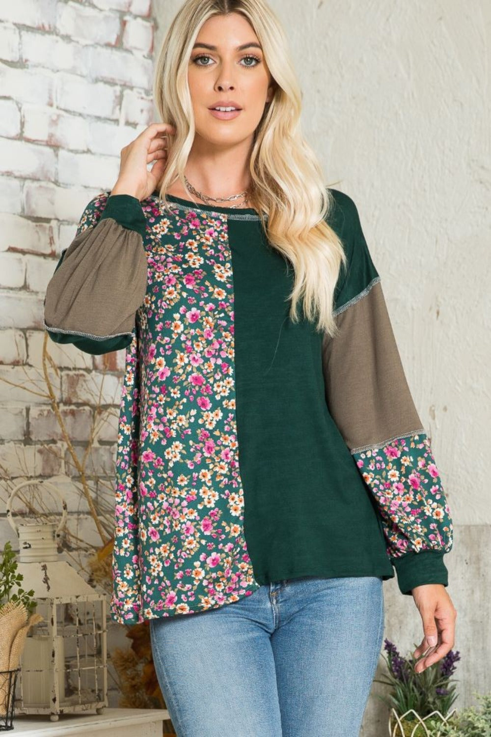 Celeste Full Size Floral Color Block Exposed Seam T-Shirt-TOPS / DRESSES-[Adult]-[Female]-Hunter Green-S-2022 Online Blue Zone Planet