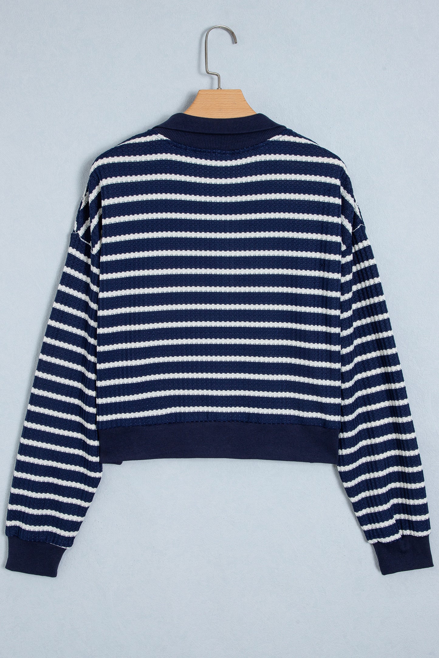 Blue Stripe Textured Knit Half Zip Collared Long Sleeve Top
