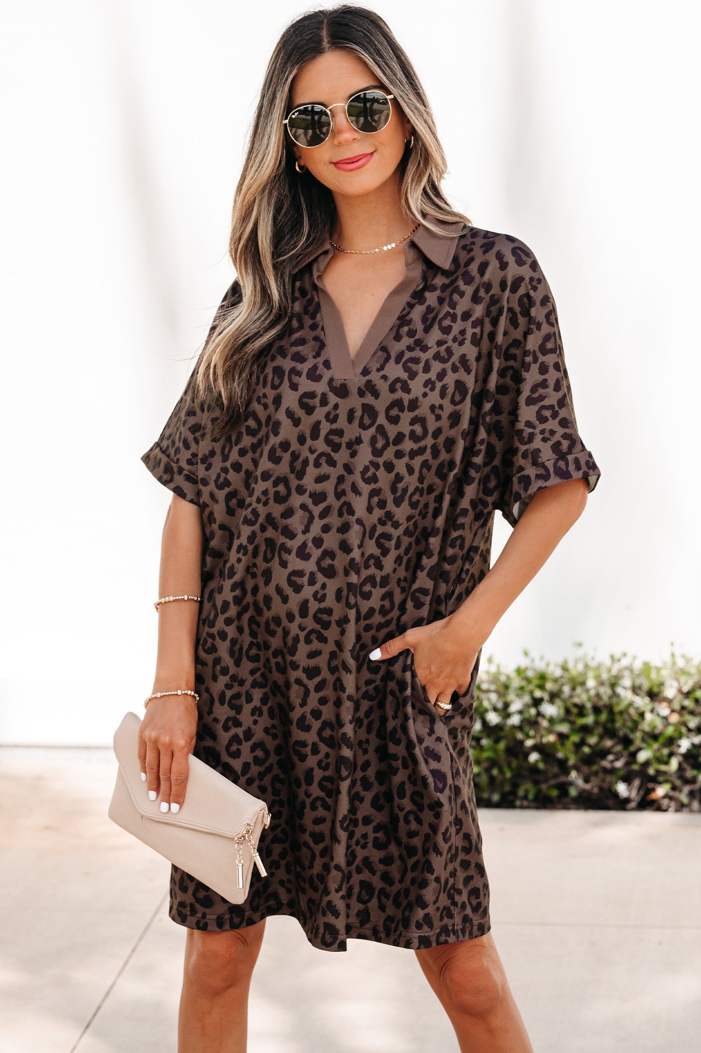Brown Leopard Print Contrast Collar V-Neck Mini Dress-Dresses/Mini Dresses-[Adult]-[Female]-2022 Online Blue Zone Planet