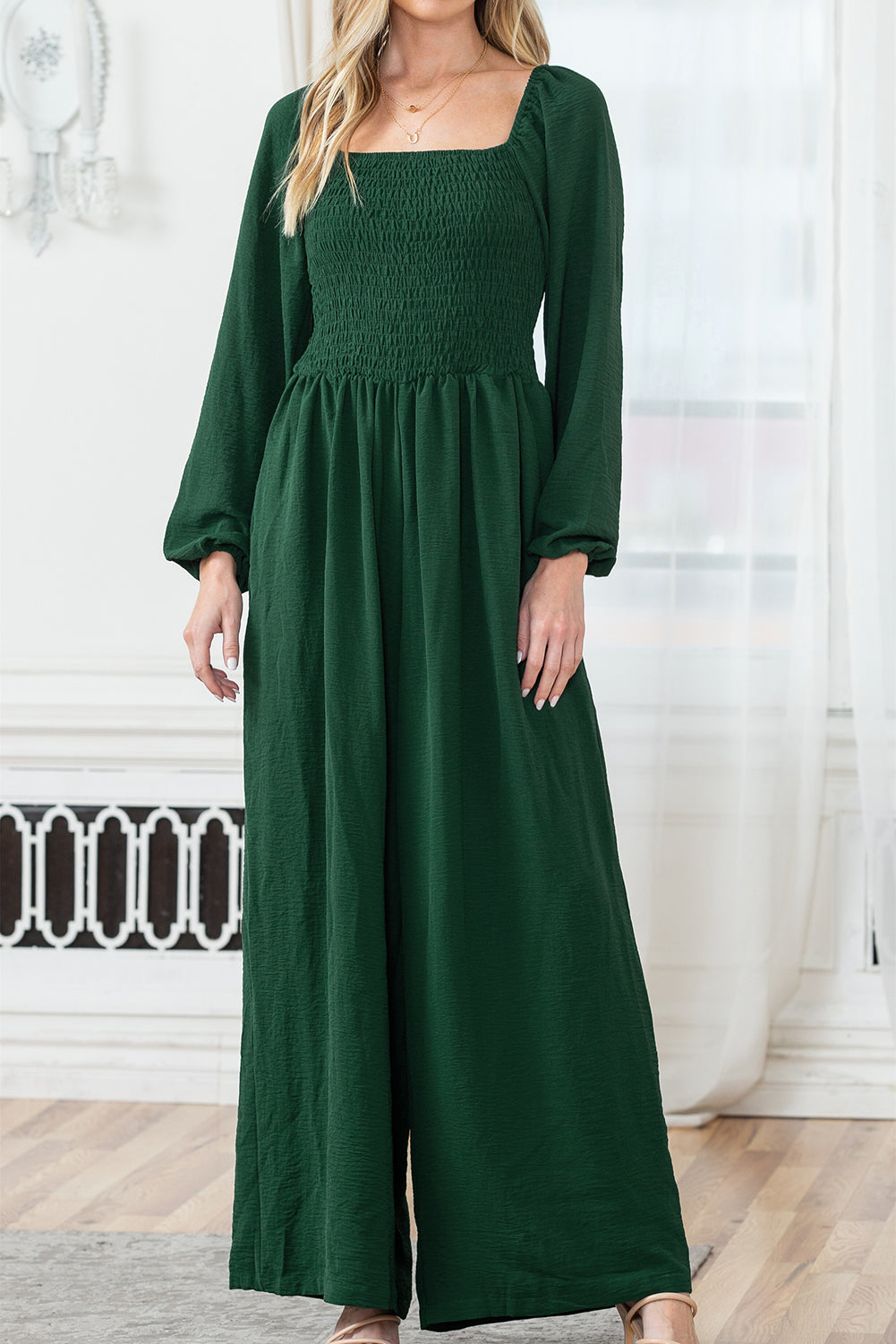 Green Smocked Square Neck Long Sleeve Wide Leg Jumpsuit-Jumpsuits-[Adult]-[Female]-2022 Online Blue Zone Planet