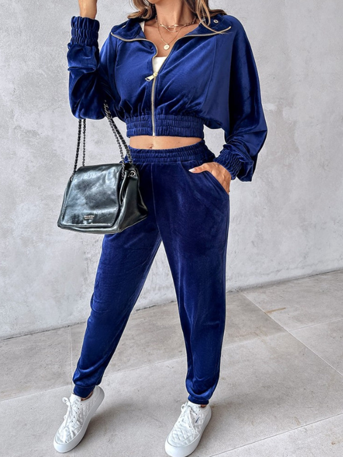 Zip Up Long Sleeve Cropped Top and Joggers Set-BOTTOMS SIZES SMALL MEDIUM LARGE-[Adult]-[Female]-2022 Online Blue Zone Planet