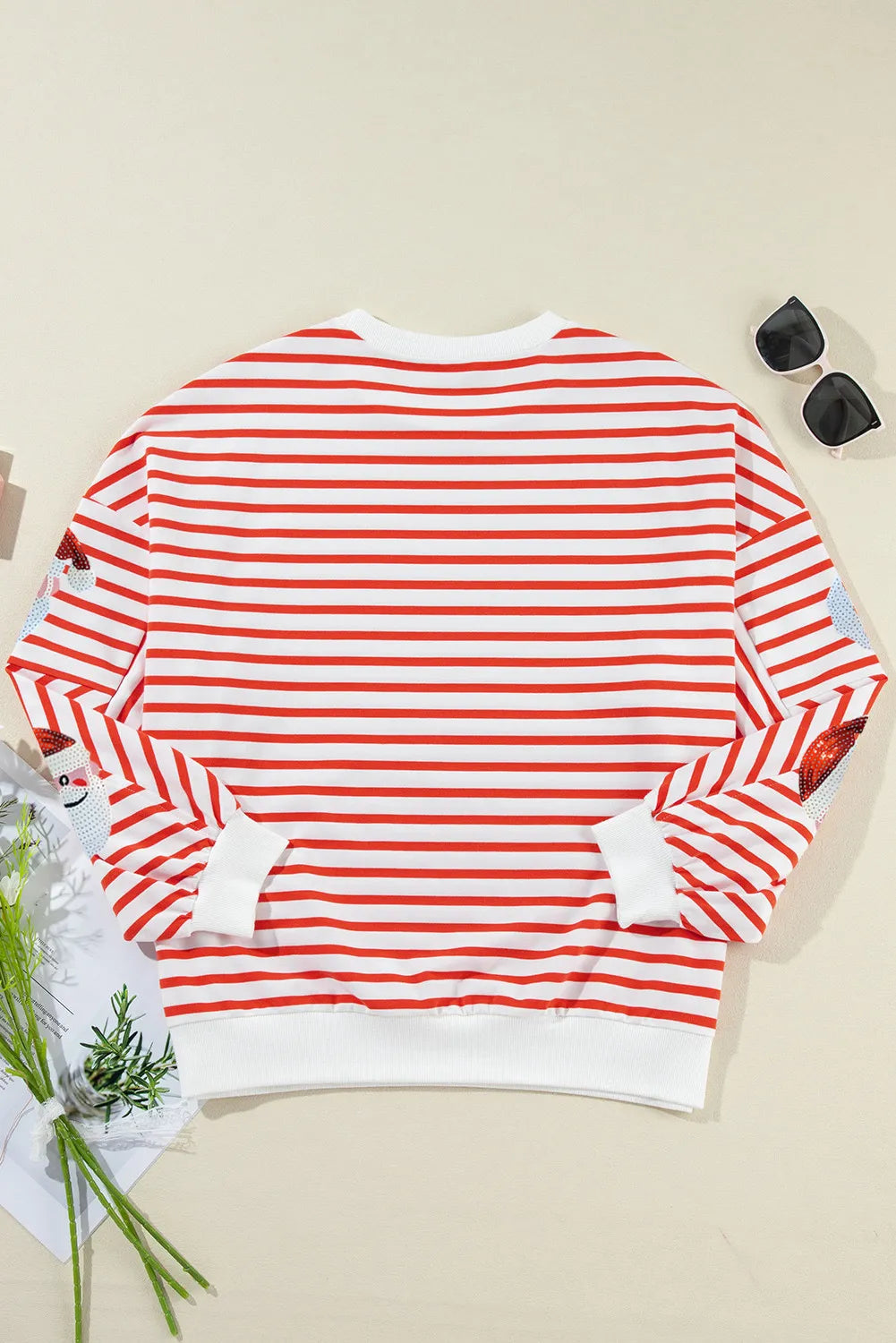 Sequin Santa Striped Round Neck Long Sleeve Sweatshirt-TOPS / DRESSES-[Adult]-[Female]-2022 Online Blue Zone Planet