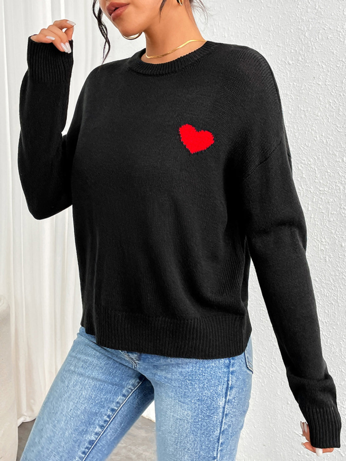 Heart Round Neck Long Sleeve Sweater-TOPS / DRESSES-[Adult]-[Female]-2022 Online Blue Zone Planet