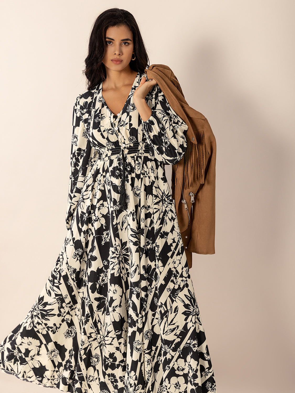 Tied Printed V-Neck Long Sleeve Midi Dress-TOPS / DRESSES-[Adult]-[Female]-2022 Online Blue Zone Planet