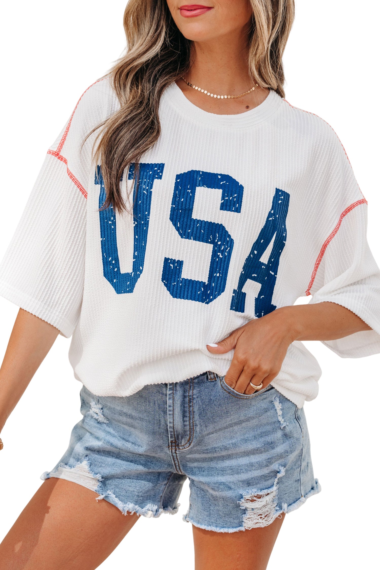 Fiery Red Usa Graphic Half Sleeve Loose Ribbed Top-Tops/Tops & Tees-[Adult]-[Female]-2022 Online Blue Zone Planet