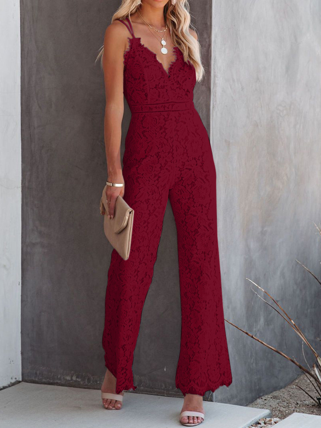 Lace V-Neck Spaghetti Strap Jumpsuit-TOPS / DRESSES-[Adult]-[Female]-2022 Online Blue Zone Planet