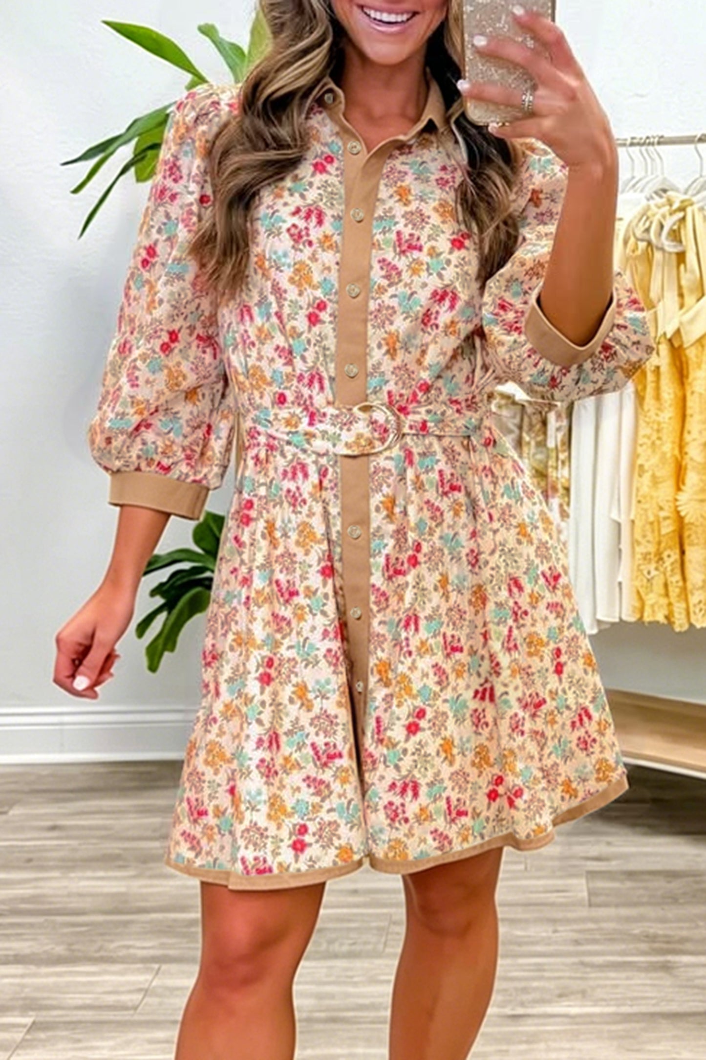 Orange Floral Print Color Block Trim Button Down 3/4 Sleeve Belted Mini Dress