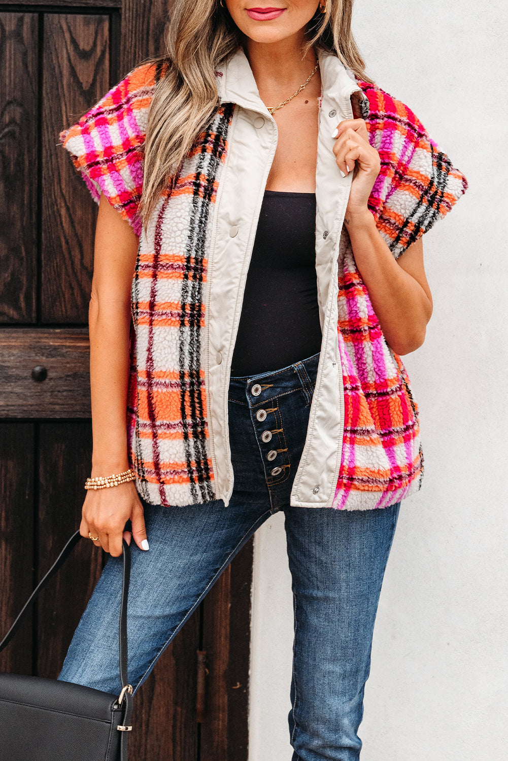 Rose Sherpa Plaid Jacket Vest-Outerwear/Vests-[Adult]-[Female]-2022 Online Blue Zone Planet