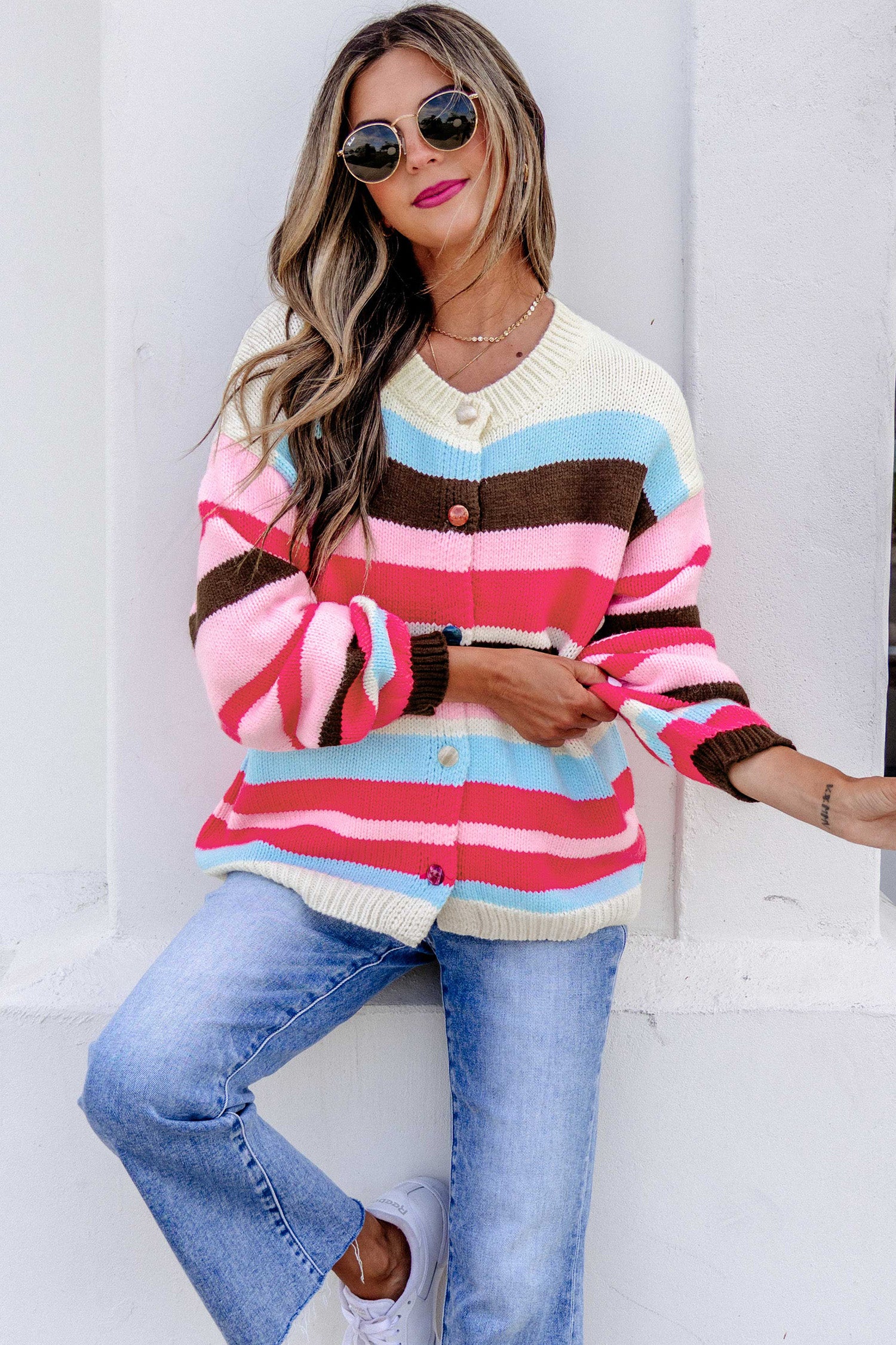 Pink Stripe Striped Colorblock Drop Shoulder Cardigan-Sweaters & Cardigans/Cardigans-[Adult]-[Female]-2022 Online Blue Zone Planet