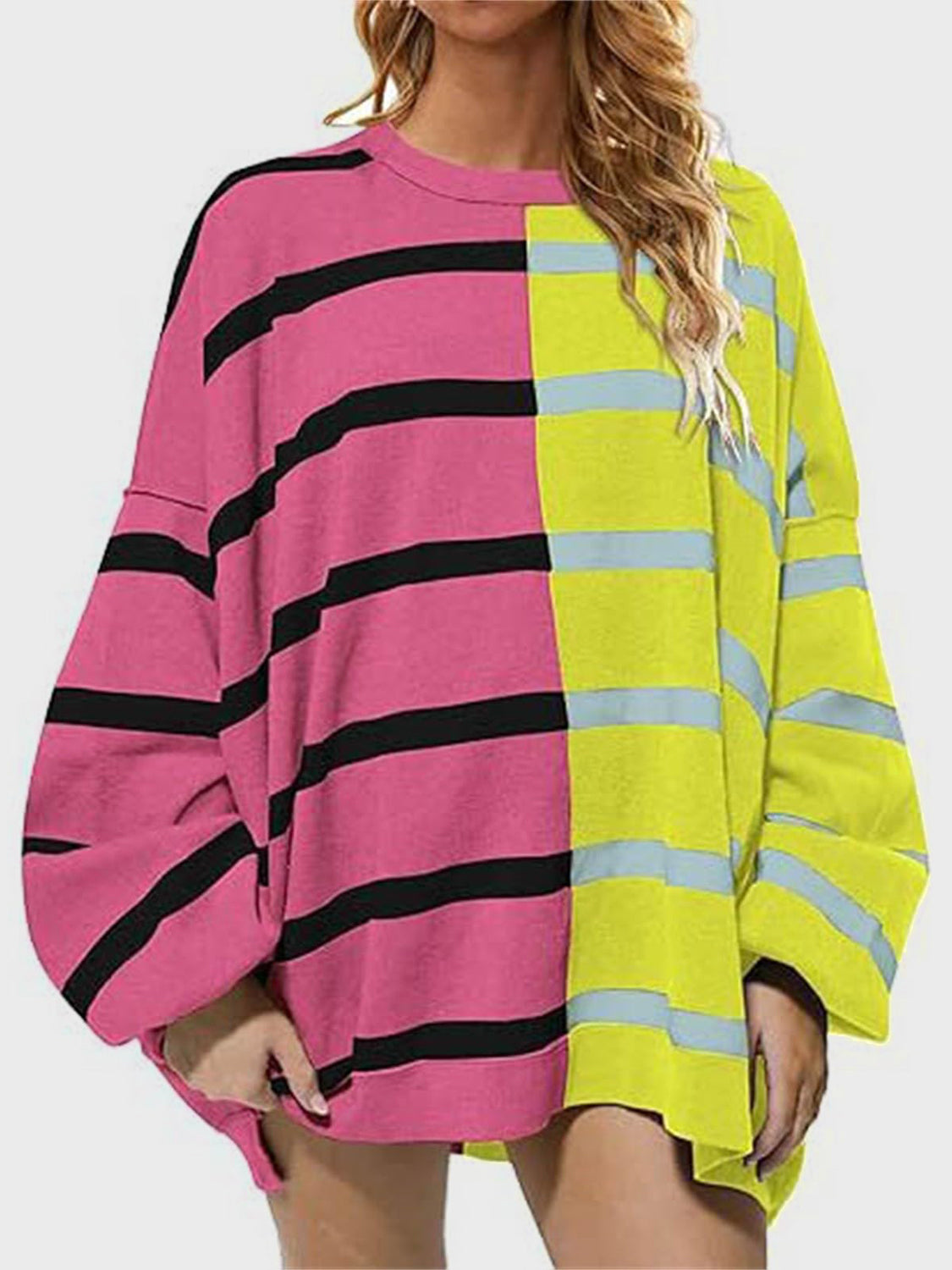 Striped Round Neck Long Sleeve Sweater-TOPS / DRESSES-[Adult]-[Female]-Lime-S-2022 Online Blue Zone Planet