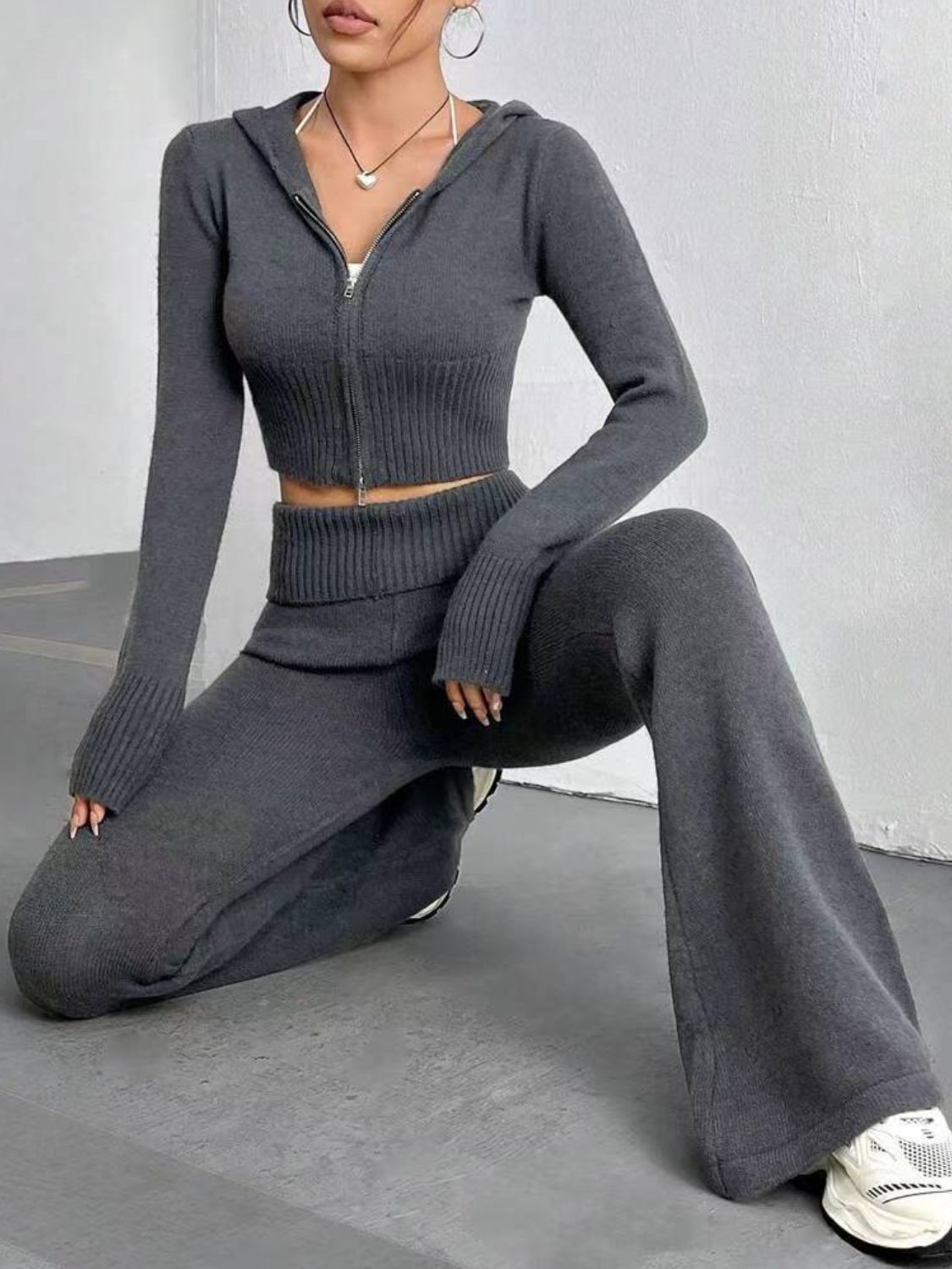 Blue Zone Planet | Zip Up Hooded Top and Flare Pants Sweater Set-BOTTOMS SIZES SMALL MEDIUM LARGE-[Adult]-[Female]-Dark Gray-One Size-2022 Online Blue Zone Planet