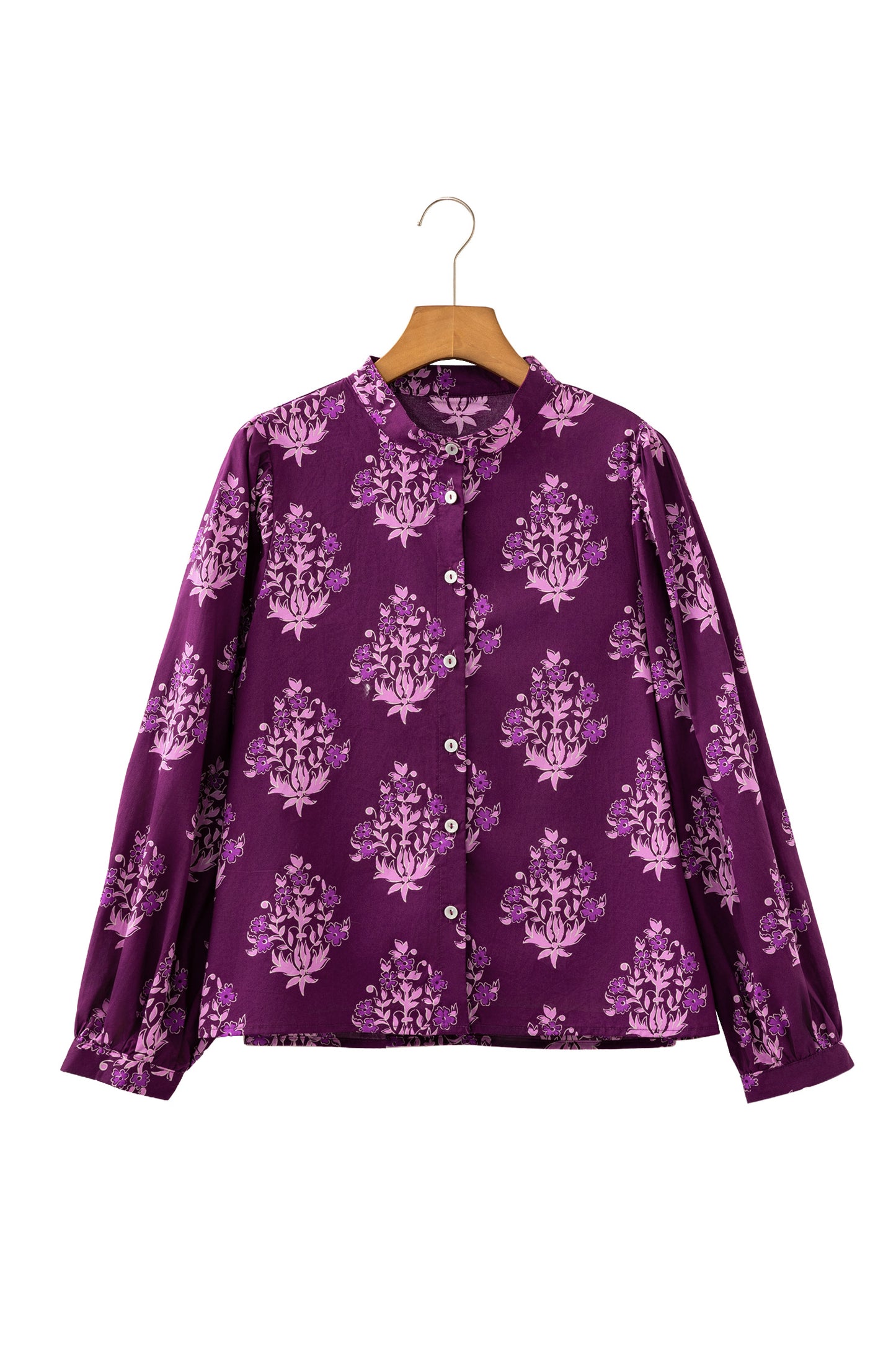 Purple Floral Print Button-Up Long Puff Sleeve Loose Shirt-Tops/Blouses & Shirts-[Adult]-[Female]-2022 Online Blue Zone Planet