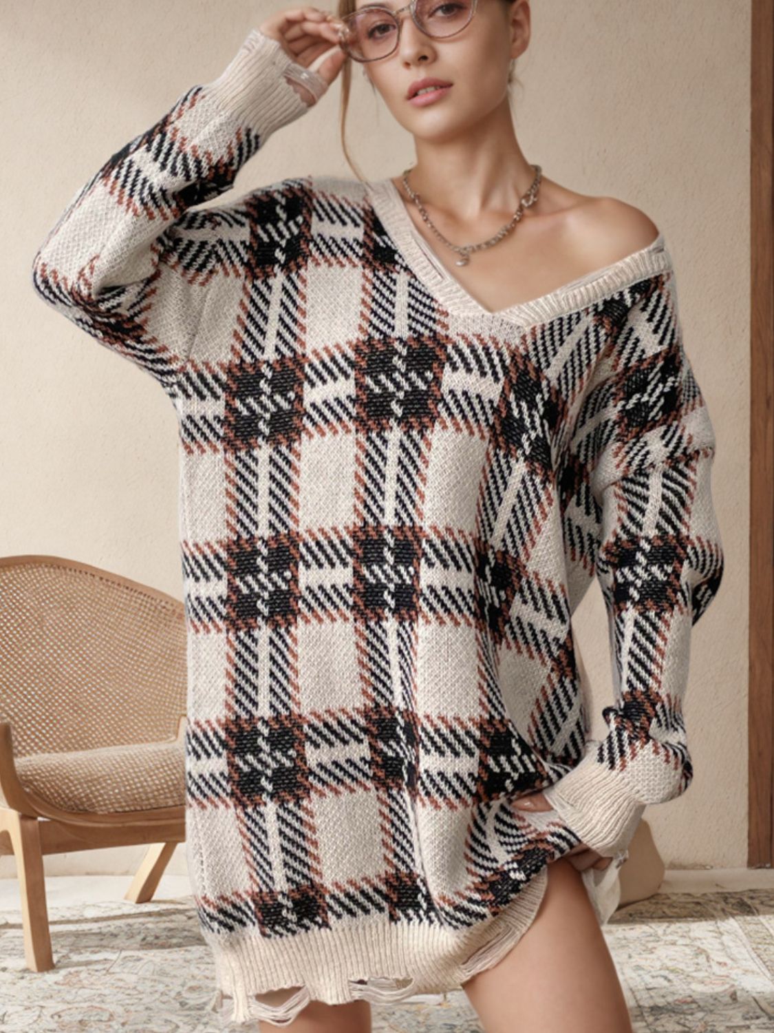 Distressed Plaid V-Neck Long Sleeve Sweater Dress-TOPS / DRESSES-[Adult]-[Female]-Tan-One Size-2022 Online Blue Zone Planet