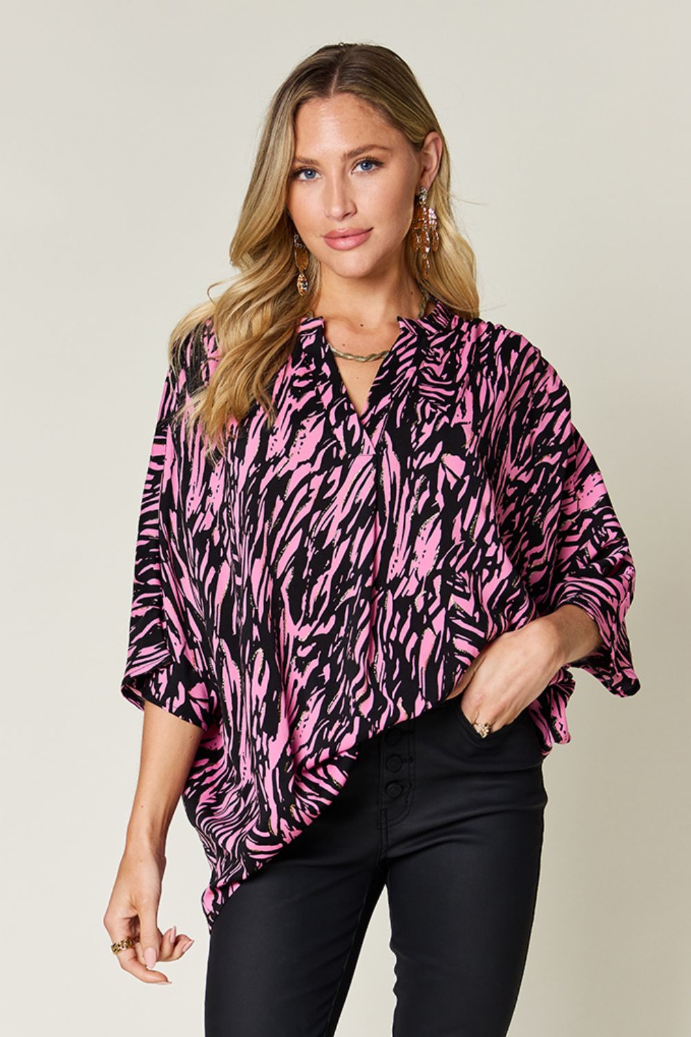 Blue Zone Planet | Double Take Full Size Printed Notched Three-Quarter Sleeve Blouse-TOPS / DRESSES-[Adult]-[Female]-Pink-S-2022 Online Blue Zone Planet