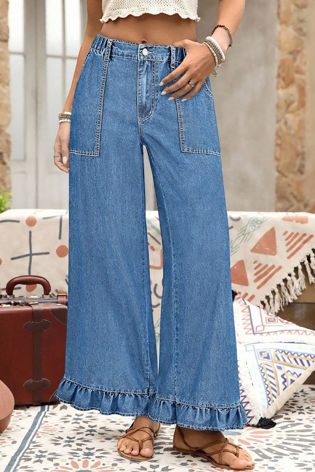 Ashleigh Blue Plus Size Elastic Waist Ruffled Wide Leg Denim Pants-Plus Size/Plus Size Bottoms-[Adult]-[Female]-2022 Online Blue Zone Planet