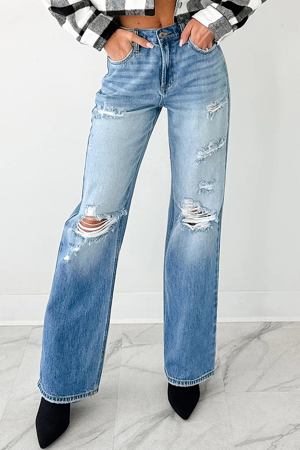 Myosotis Mid Rise Distressed Sneak Peek Straight Leg Jeans-Bottoms/Jeans-[Adult]-[Female]-2022 Online Blue Zone Planet