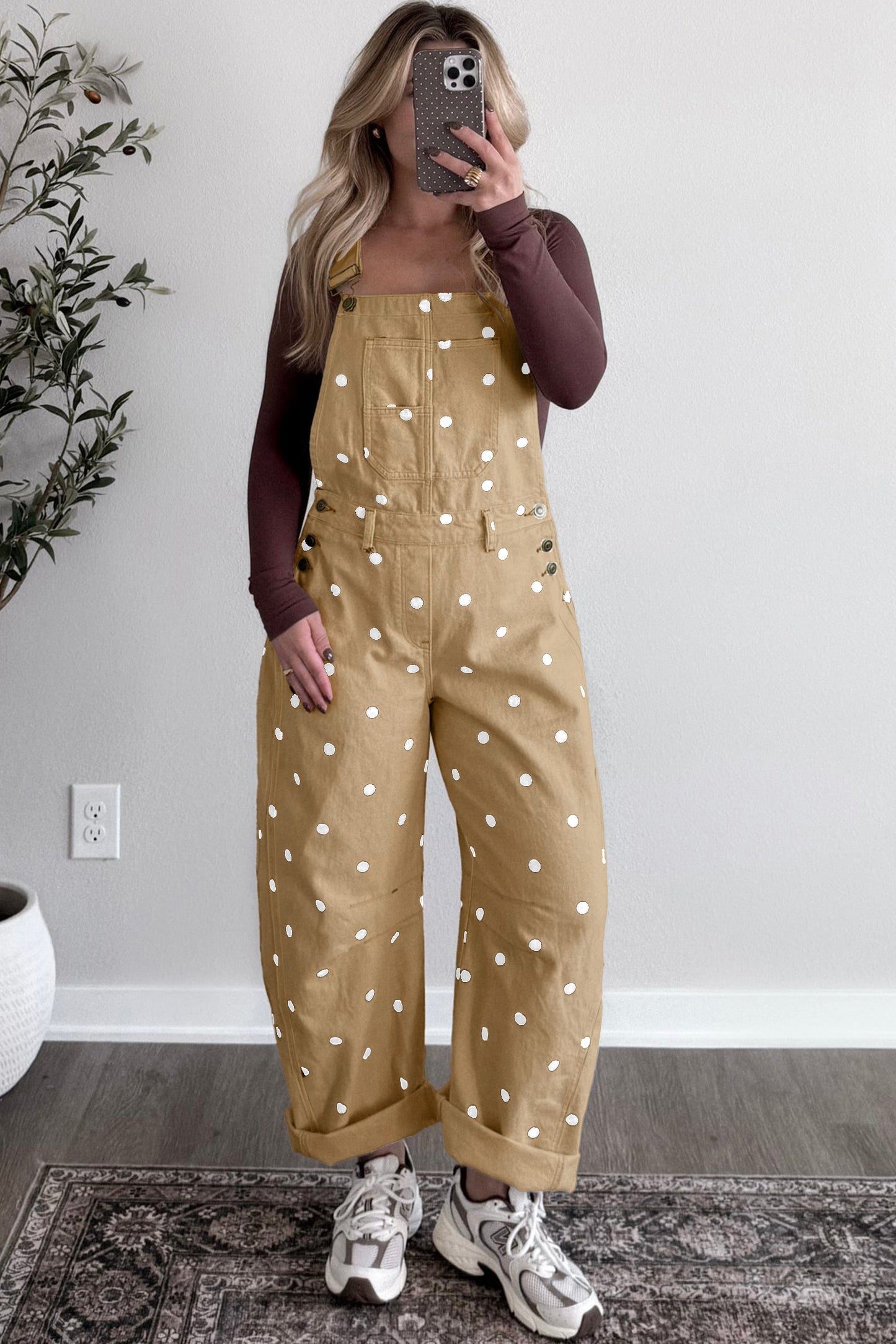 Jet Stream Polka Dot Print Bib Pocket Denim Barrel Overalls Jumpsuit-Bottoms/Jumpsuits & Rompers-[Adult]-[Female]-2022 Online Blue Zone Planet