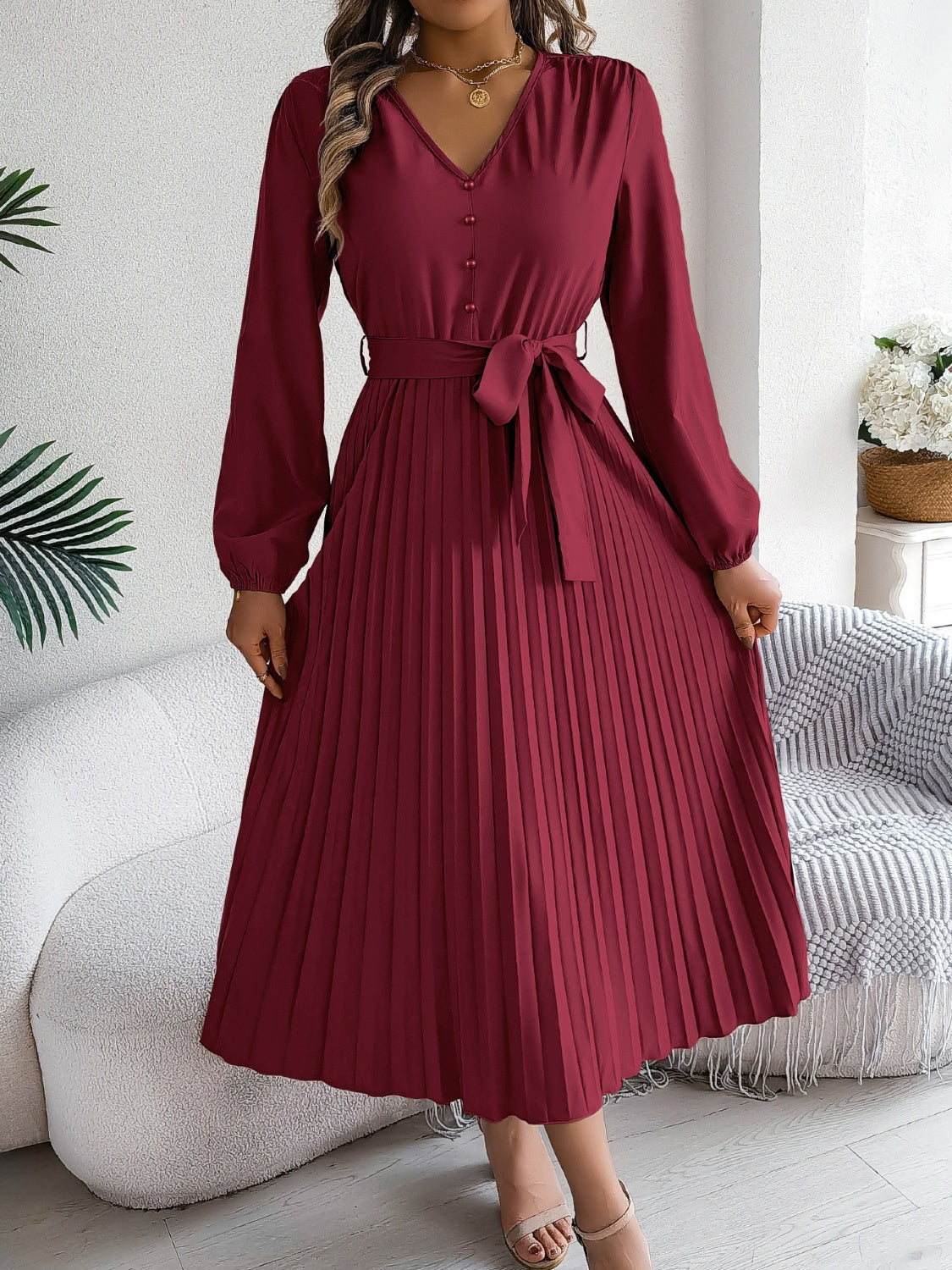 Pleated Tied V-Neck Long Sleeve Dress-TOPS / DRESSES-[Adult]-[Female]-Burgundy-S-2022 Online Blue Zone Planet