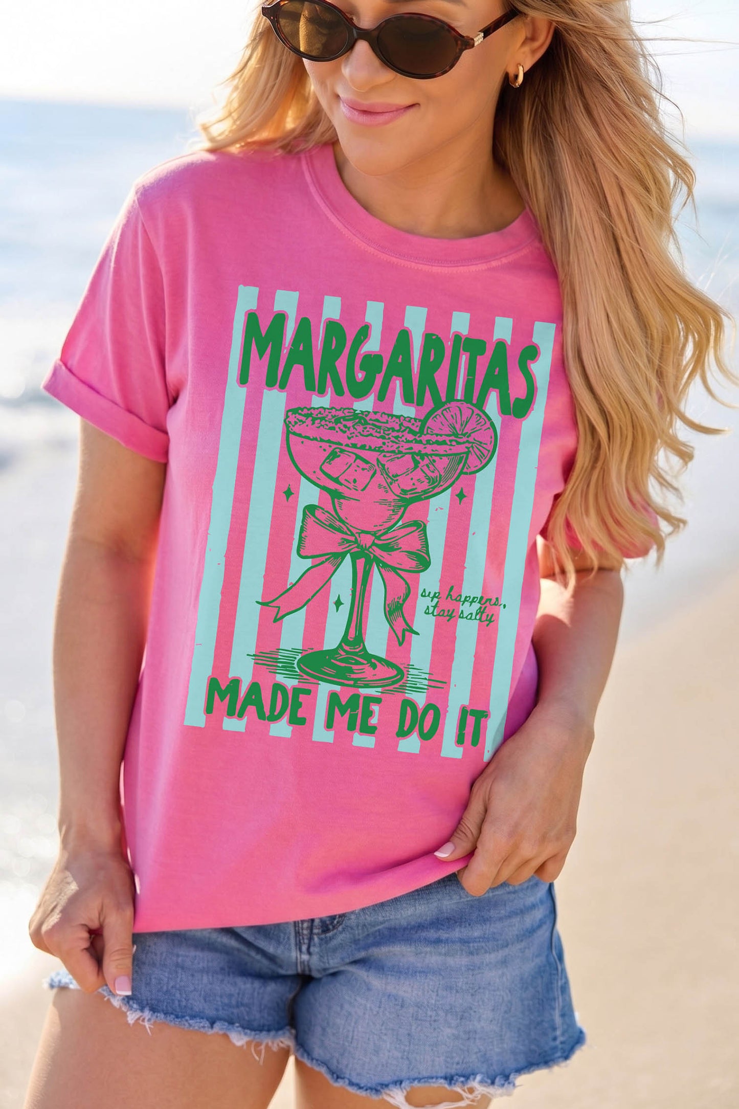 Rose Red Margaritas Made Me Do It Striped Graphic Beach Vacation Tee-Graphic/Graphic Tees-[Adult]-[Female]-2022 Online Blue Zone Planet