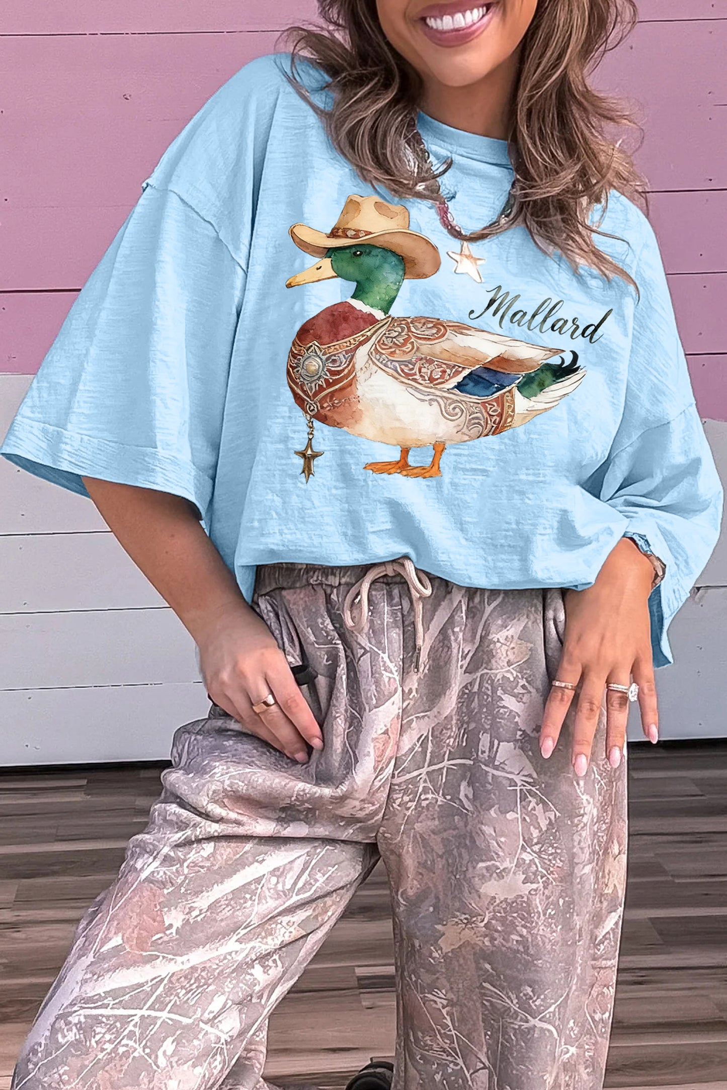 Mist Blue Western Mallard Oversized Tee-Tops/Tops & Tees-[Adult]-[Female]-2022 Online Blue Zone Planet
