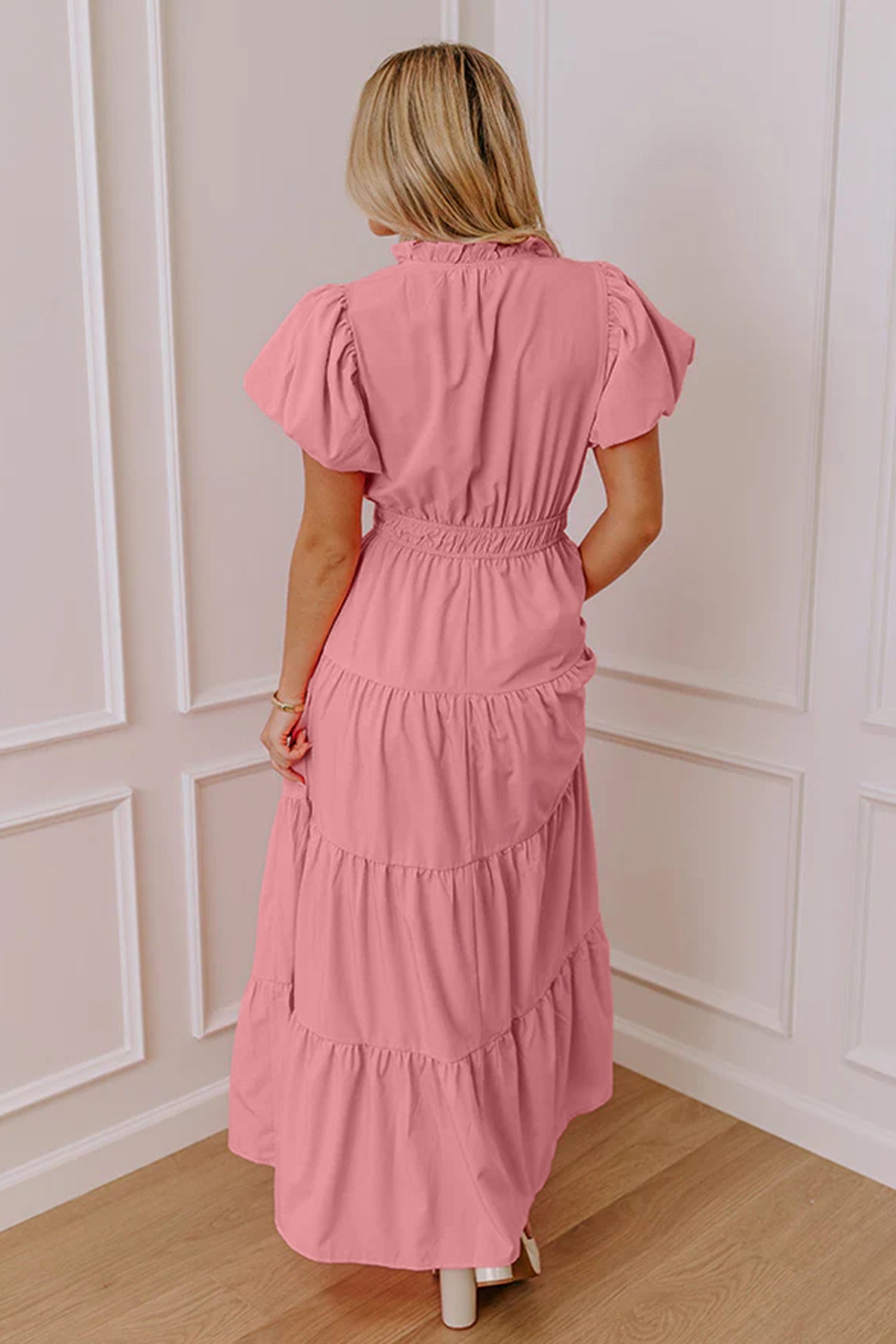 Sunny Angela Women's Elegant Solid High Waist Puff Sleeve Tiered Maxi Dress