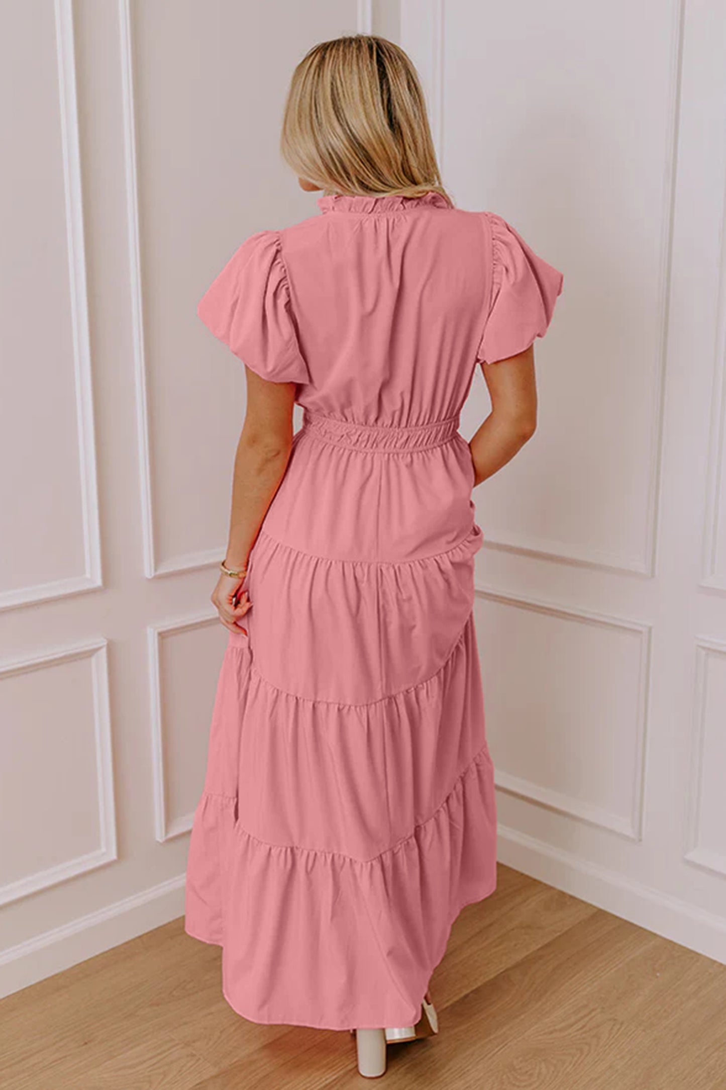 Clearly Aqua Solid Color V Neck Short Puff Sleeve High Waist Tiered Maxi Dress-TOPS / DRESSES-[Adult]-[Female]-2022 Online Blue Zone Planet