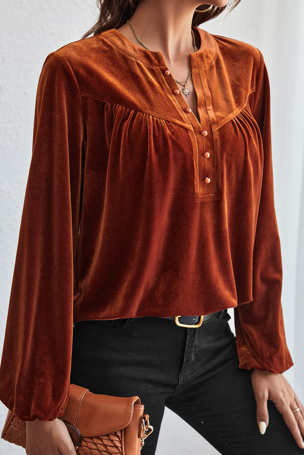 Gold Flame Lantern Sleeve Beaded Split V Neck Velvet Top-Tops/Blouses & Shirts-[Adult]-[Female]-2022 Online Blue Zone Planet