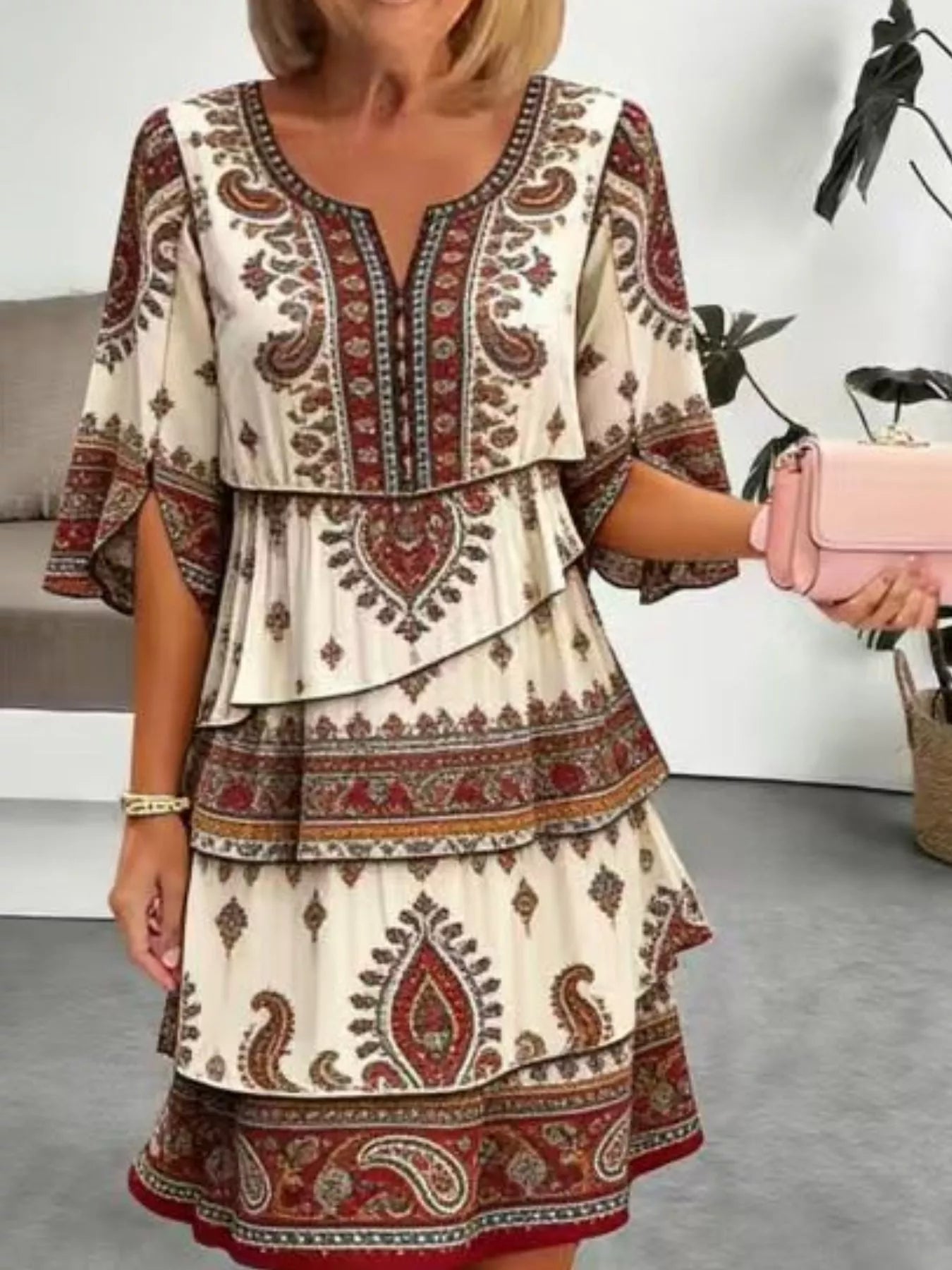 ruffle mini dress plus size Full Size Paisley Print Layered Ruffle Mini Dress Plus Size Dark Brown / 3XL by Blue Zone Planet