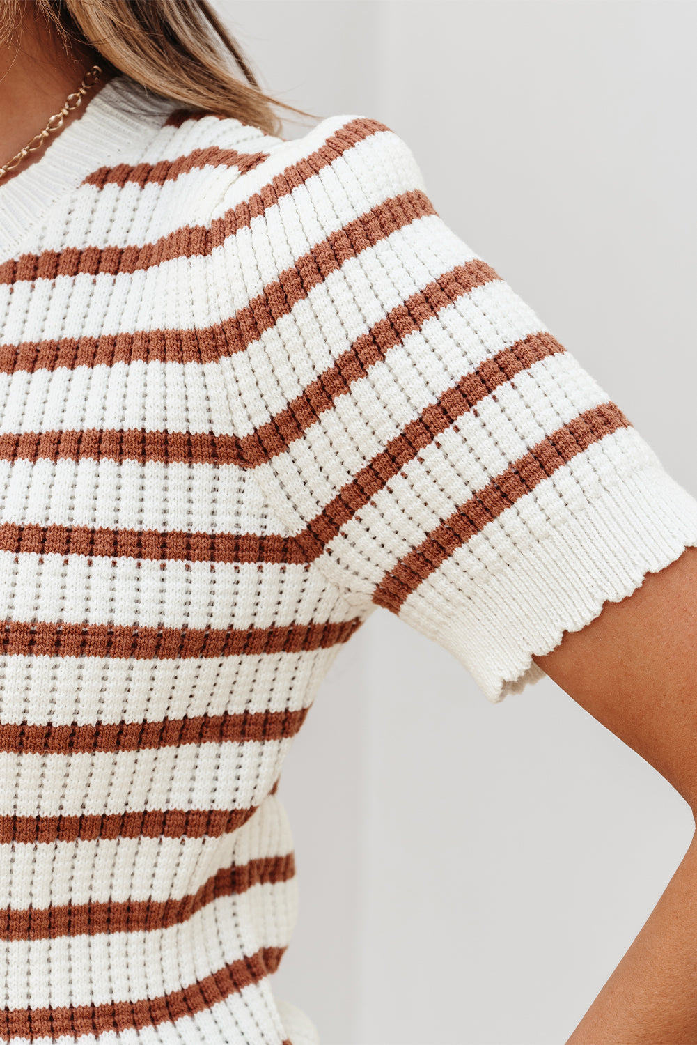 Khaki Stripe Scalloped Round Neck Short Sleeve Sweater-Sweaters & Cardigans/Short Sleeve Sweaters-[Adult]-[Female]-2022 Online Blue Zone Planet