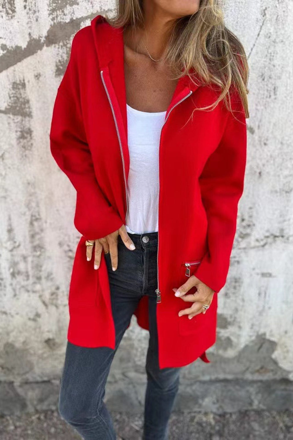 Fiery Red Solid Color Casual Zip up Hooded Coat-Outerwear/Coats-[Adult]-[Female]-Fiery Red-S-2022 Online Blue Zone Planet