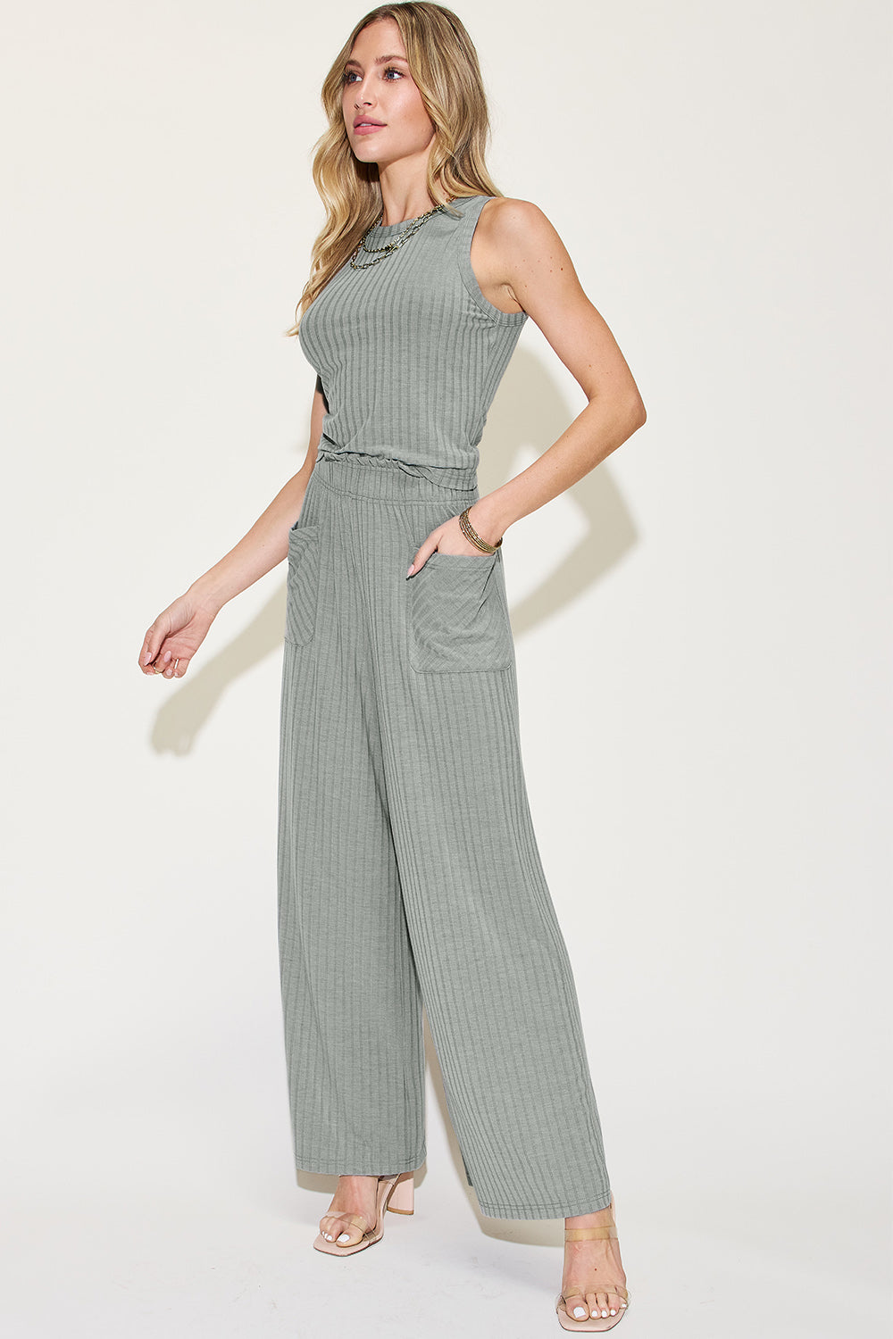 Basic Bae Full Size Ribbed Tank and Wide Leg Pants Set-TOPS / DRESSES-[Adult]-[Female]-2022 Online Blue Zone Planet