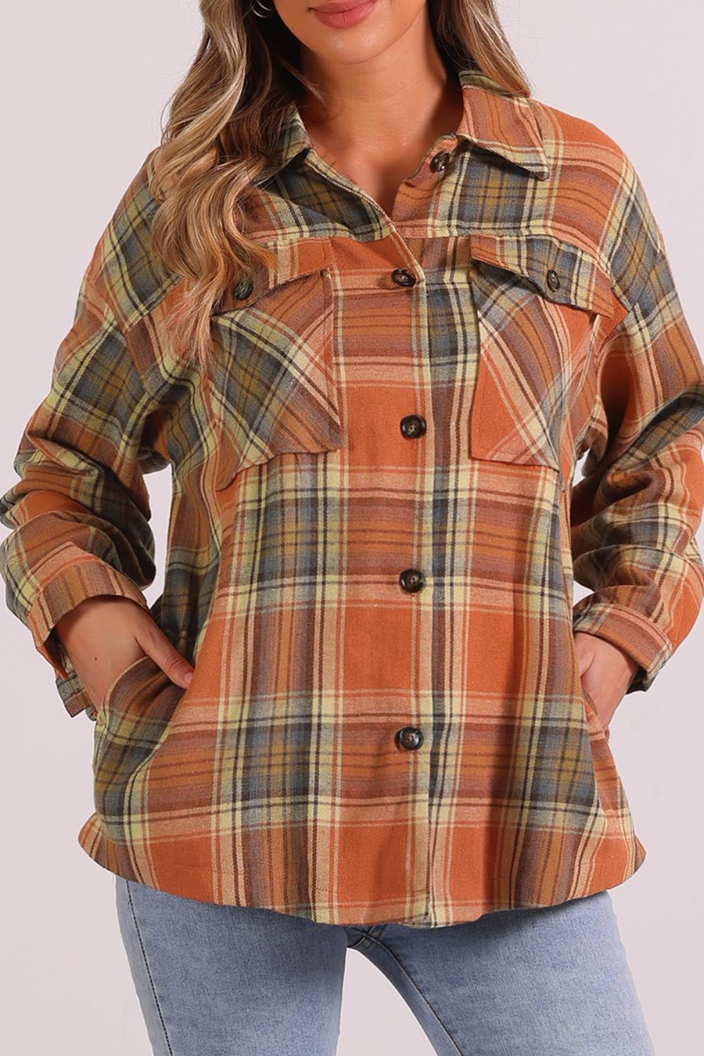 Plaid Collared Neck Long Sleeve Shirt with Chest Pockets-TOPS / DRESSES-[Adult]-[Female]-2022 Online Blue Zone Planet