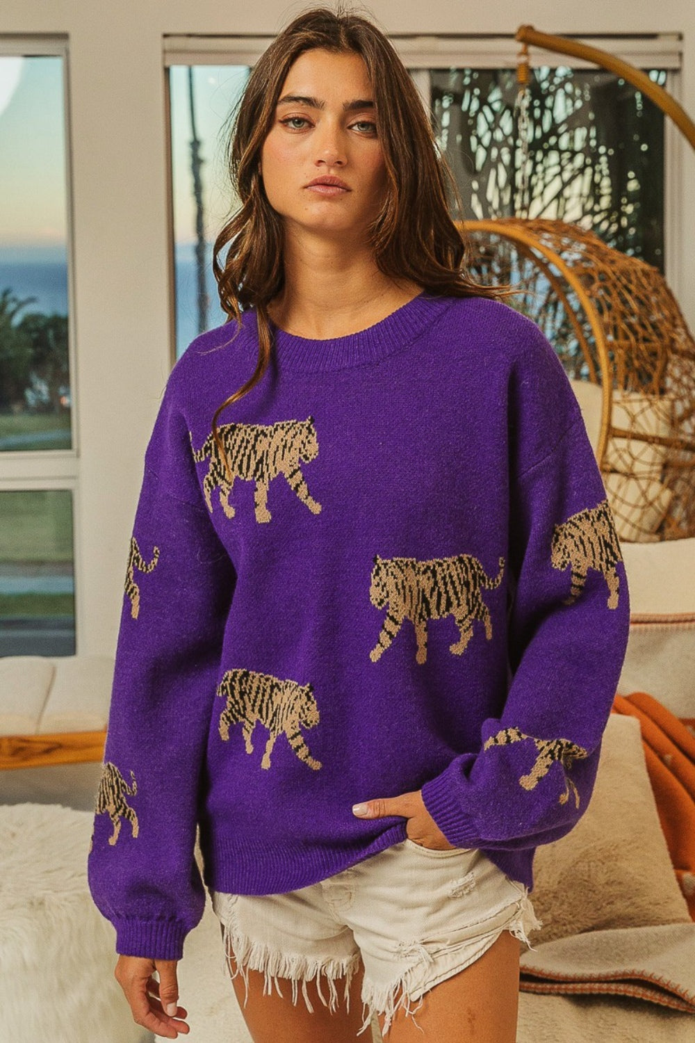 BiBi Tiger Pattern Long Sleeve Sweater-TOPS / DRESSES-[Adult]-[Female]-VIOLET-S-2022 Online Blue Zone Planet