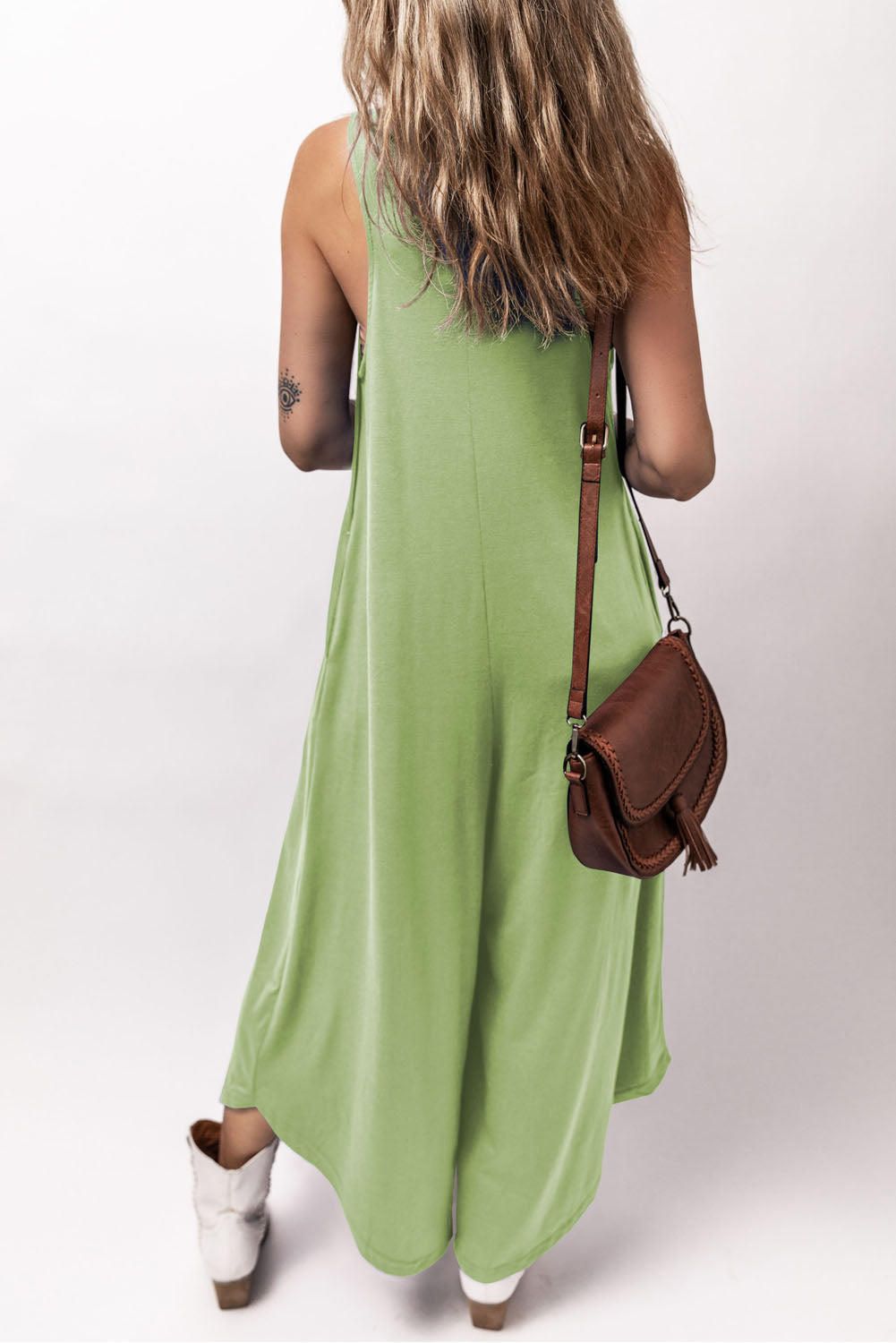 Grass Green Sleeveless V Neck Pocketed Wide Leg Jumpsuit-Bottoms/Jumpsuits & Rompers-[Adult]-[Female]-2022 Online Blue Zone Planet