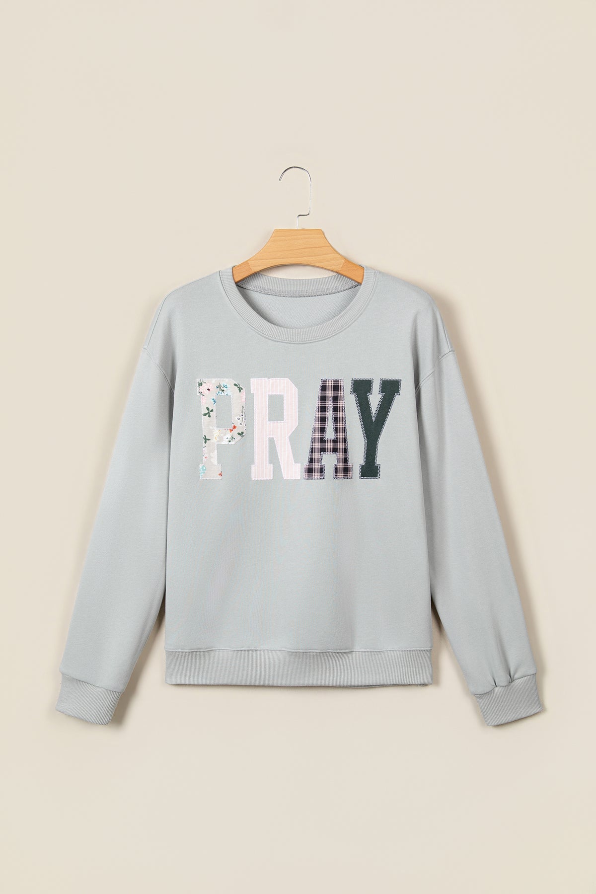 Gray Floral Buffalo Plaid Striped Embroidered Patch Western Pullover Sweatshirt-Tops/Sweatshirts & Hoodies-[Adult]-[Female]-2022 Online Blue Zone Planet