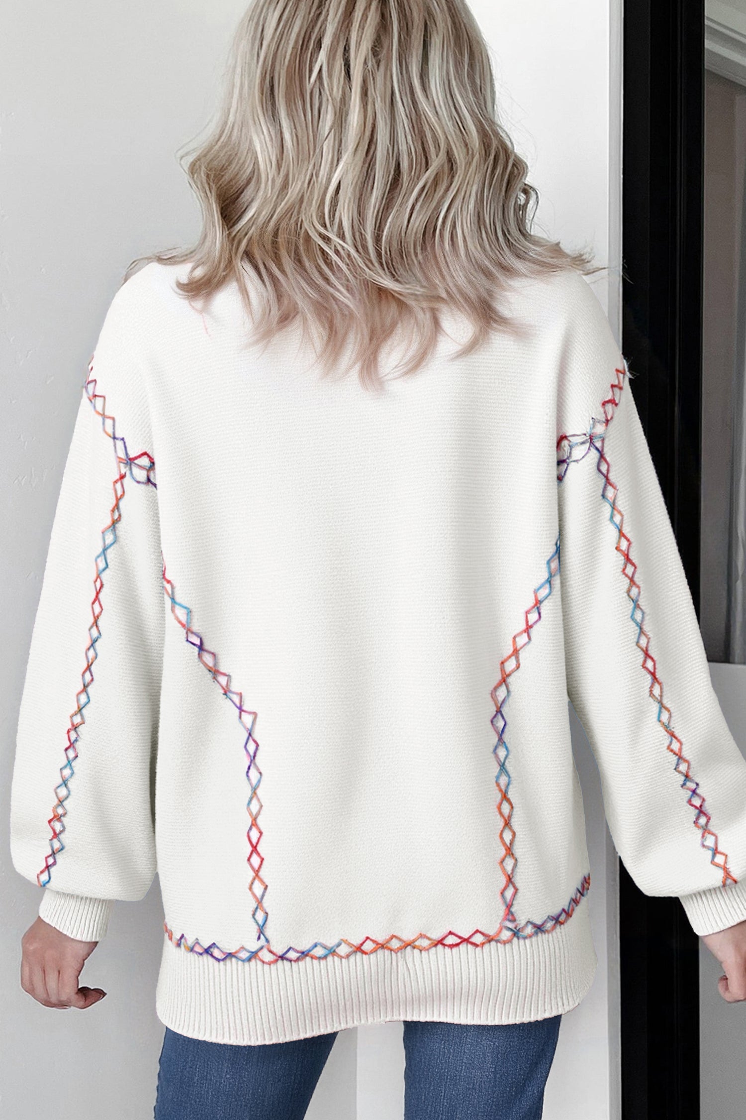 White Rainbow Stitching Balloon Sleeve Relaxed Sweater-TOPS / DRESSES-[Adult]-[Female]-2022 Online Blue Zone Planet