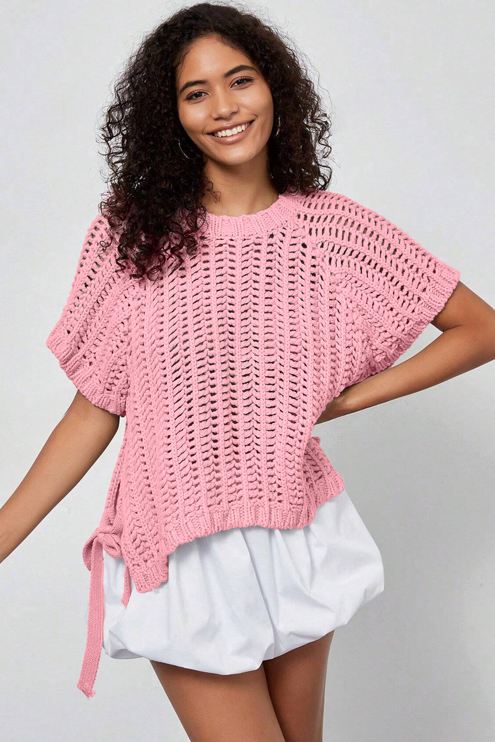 Pink Plus Size Open Knit Bow Tie Short Sleeve Sweater-Plus Size/Plus Size Tops/Plus Size Tops & Tees-[Adult]-[Female]-2022 Online Blue Zone Planet